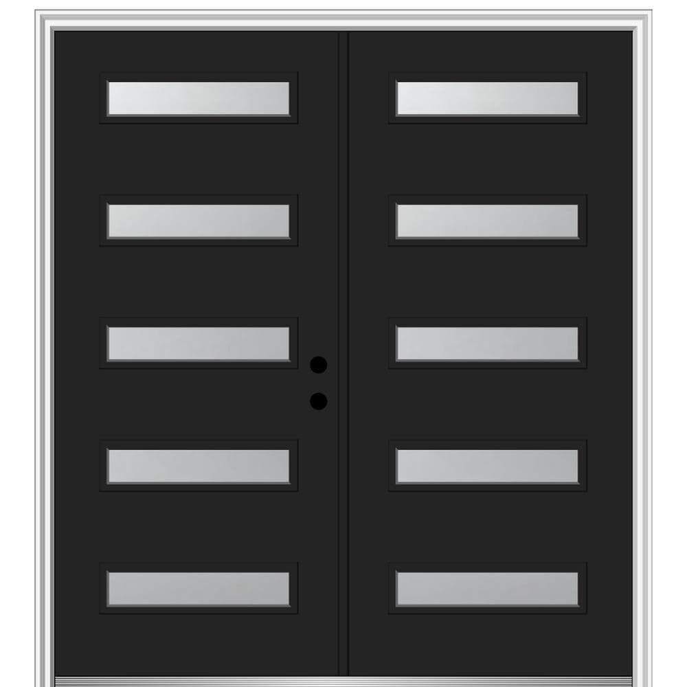 MMI DOOR ZZ350485L Spotlights 72-in x 80-in x 6-9/16-in Fiberglass Pulse lite Left-hand inswing Black Painted Prehung Double Front Door with Brickmould Insulating core