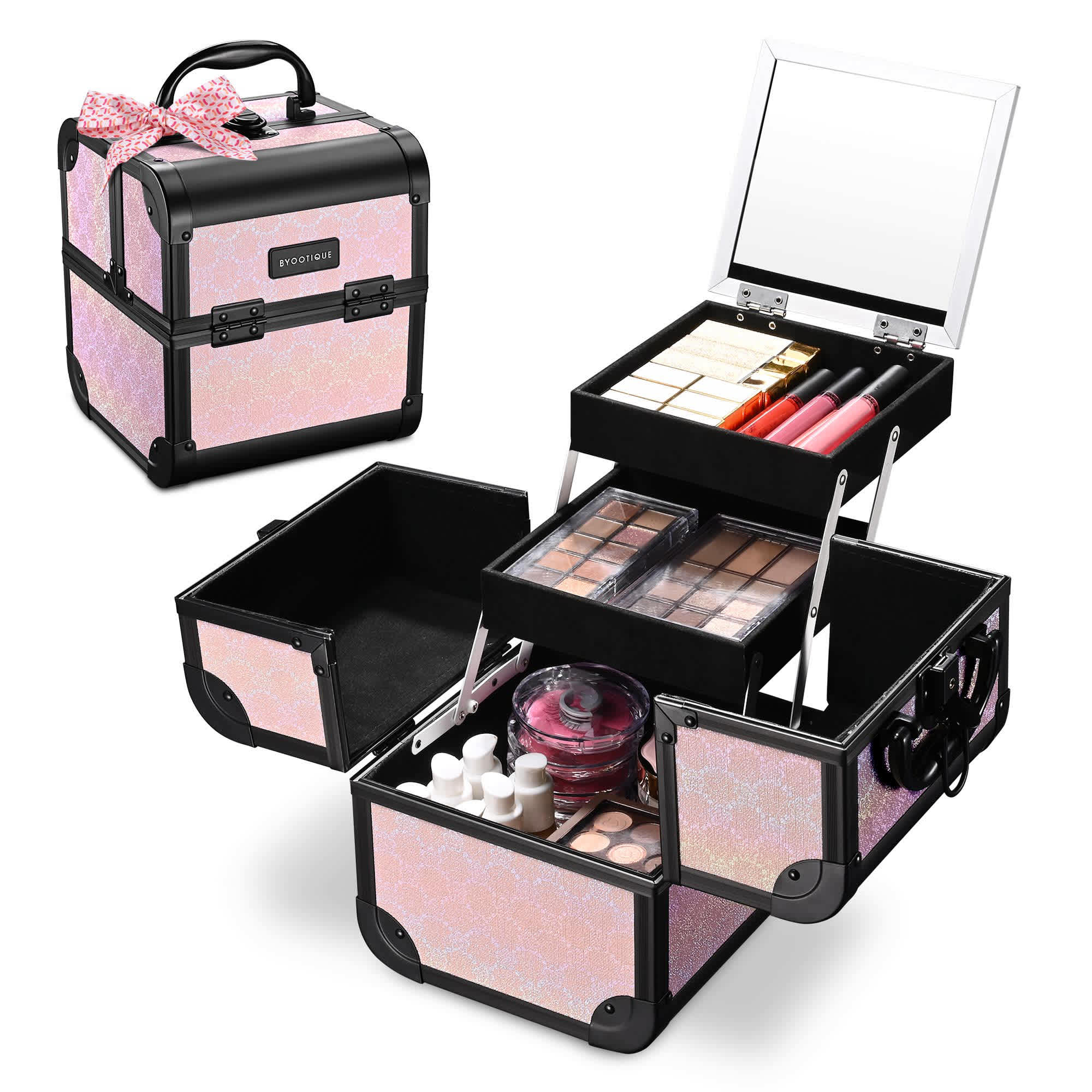 Yescom 12MKC028-S-FMN12-LO Byootique Makeup Train Case Cosmetic Organizer with Mirror Artist Blush ForgetMeNot