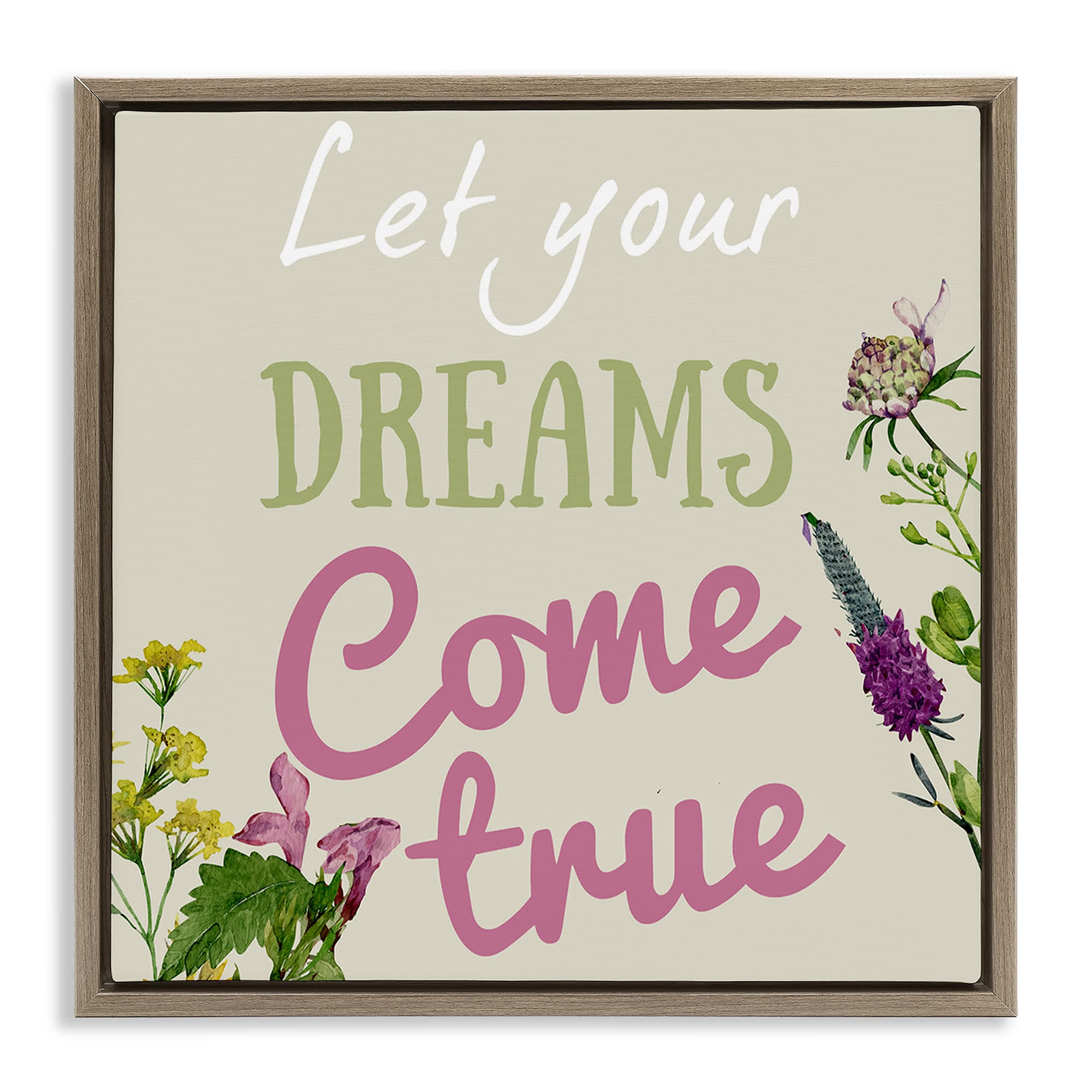 Stupell Industries BS-433-FFE-24X24 Dreams Come True with Florals Brown Framed Floater Canvas Wall Art By Kim Allen 25 x 25
