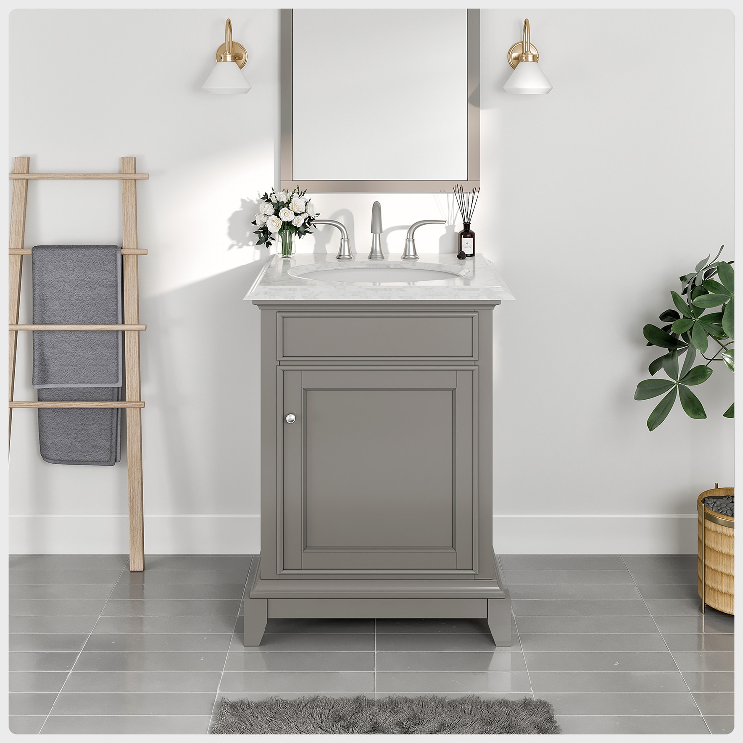 Eviva EVVN709-24GR Stamford 24-in Gray Undermount Single Sink Bathroom Vanity with White Marble Top