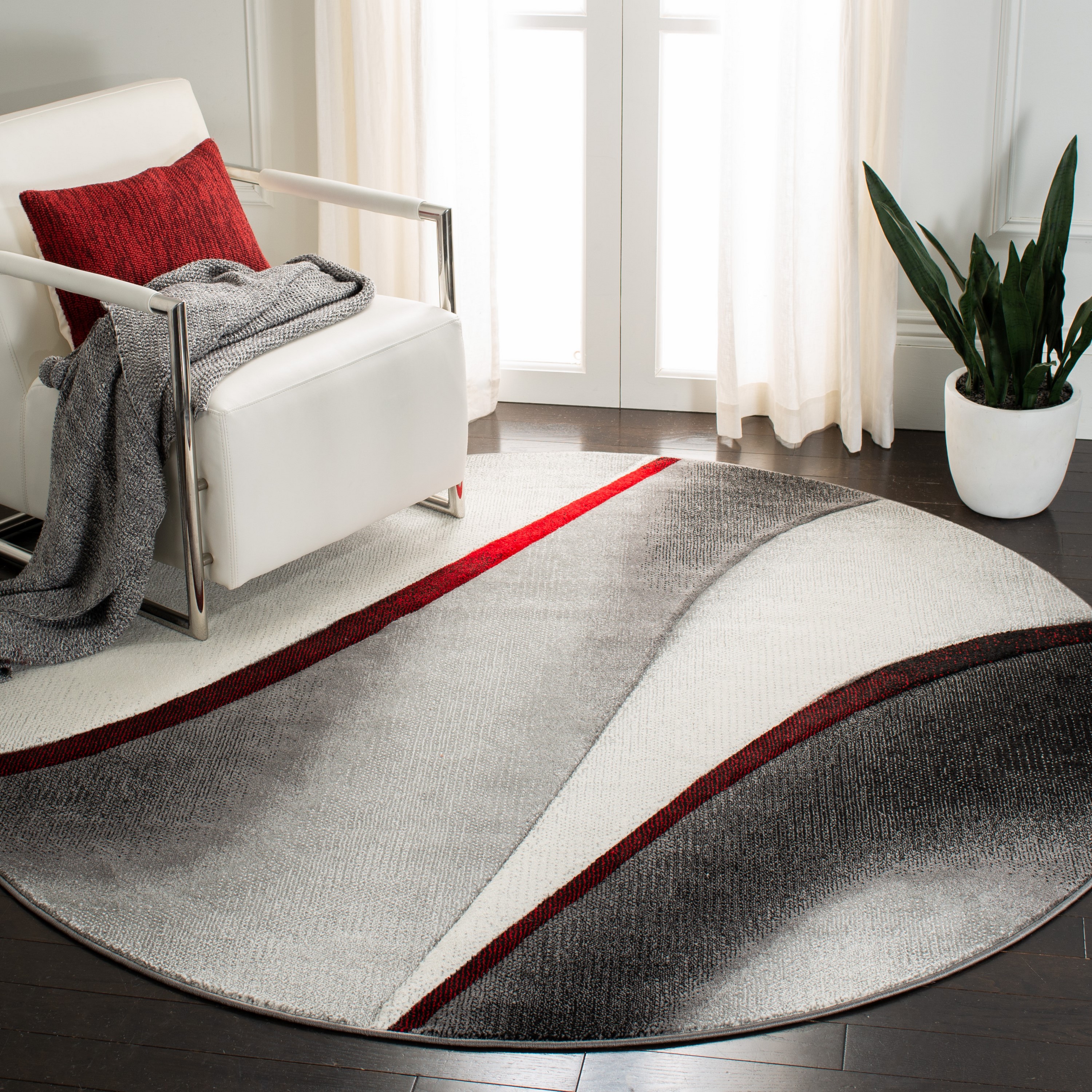 Safavieh HLW712K-11R Hollywood Vinese 11 x 11 (ft) Loomed Polypropylene Gray/Red Round Indoor Abstract Mid-Century Modern Area rug