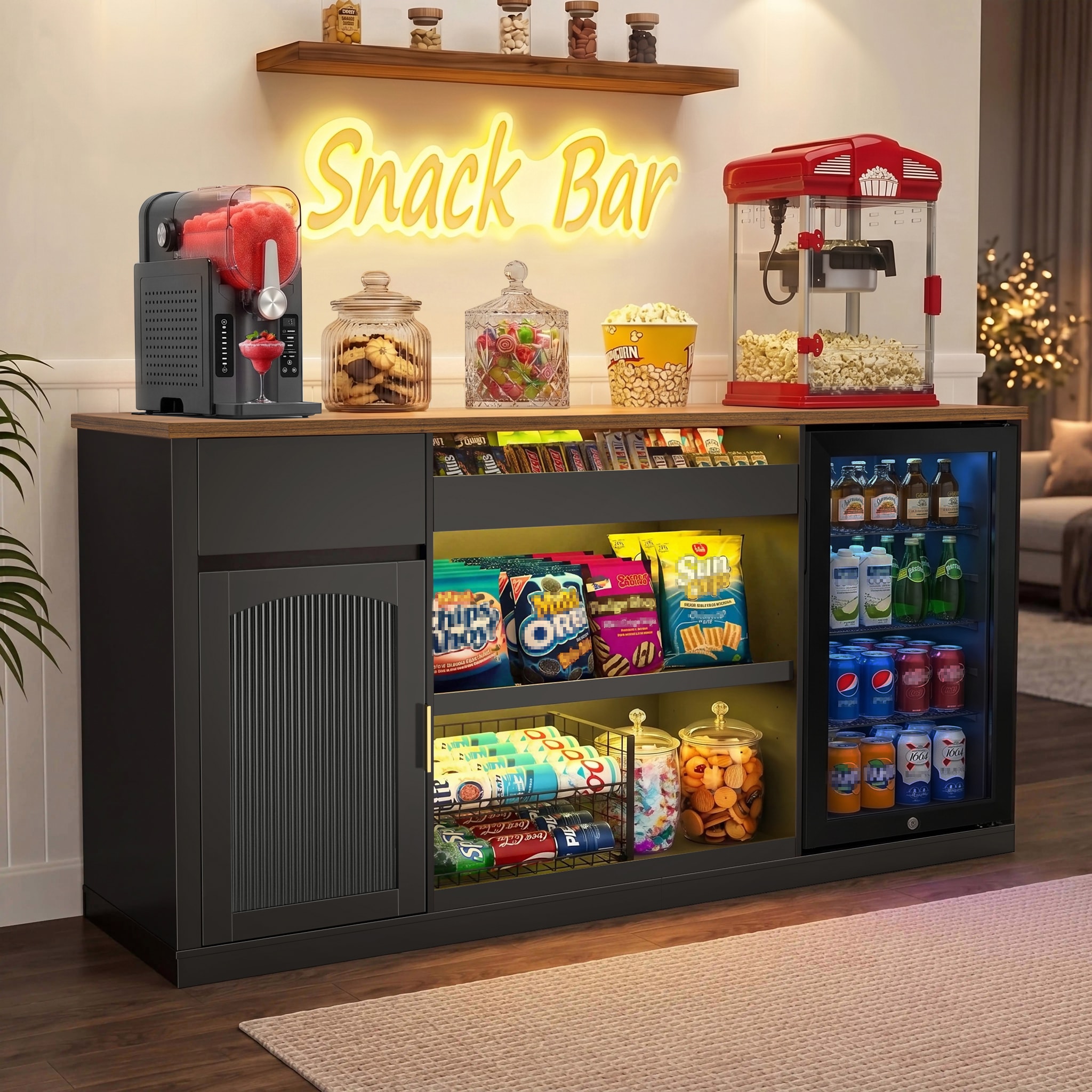 GDLF 70.1-in Snack Bar Cabinet with Fridge Space for Home Theater or Game Room with LED Lights Black