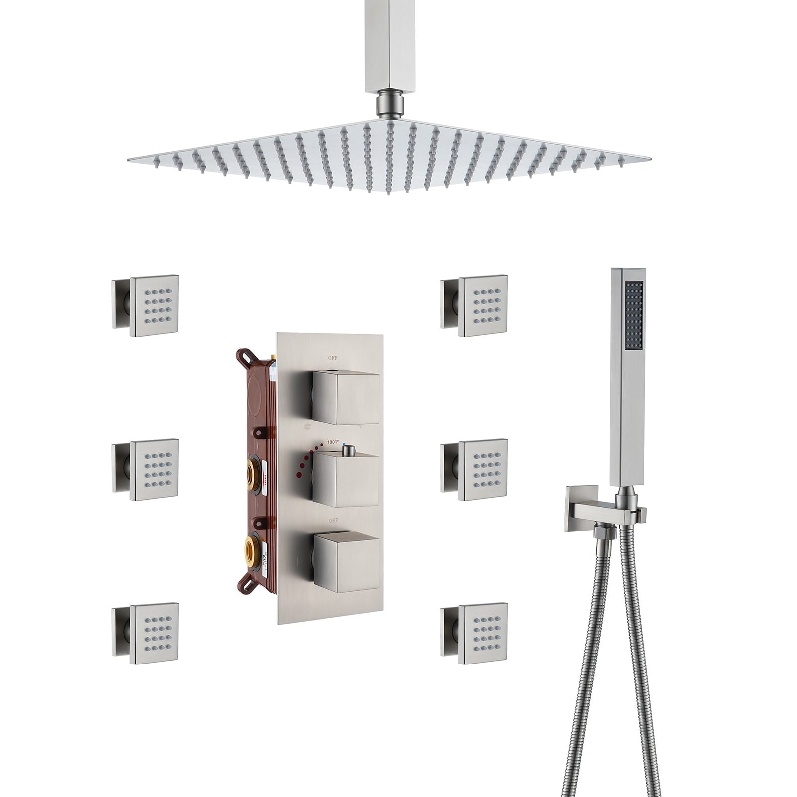Mondawe MO-DT60591BG Brushed Nickel 12-in Built-In Shower Faucet System with 3-way Diverter ( Pressure-balanced Valve Included )