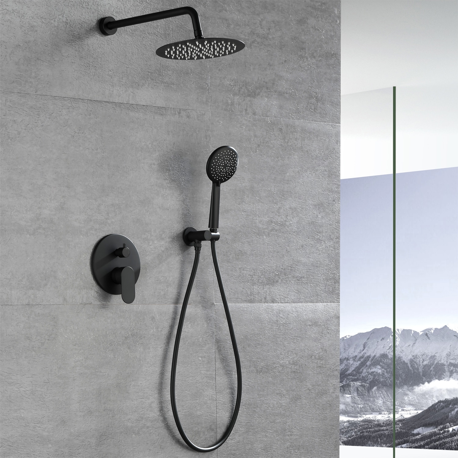 Pouuin Ob Matte Black Waterfall Built-In Shower Faucet System with 2-way Diverter Valve Included
