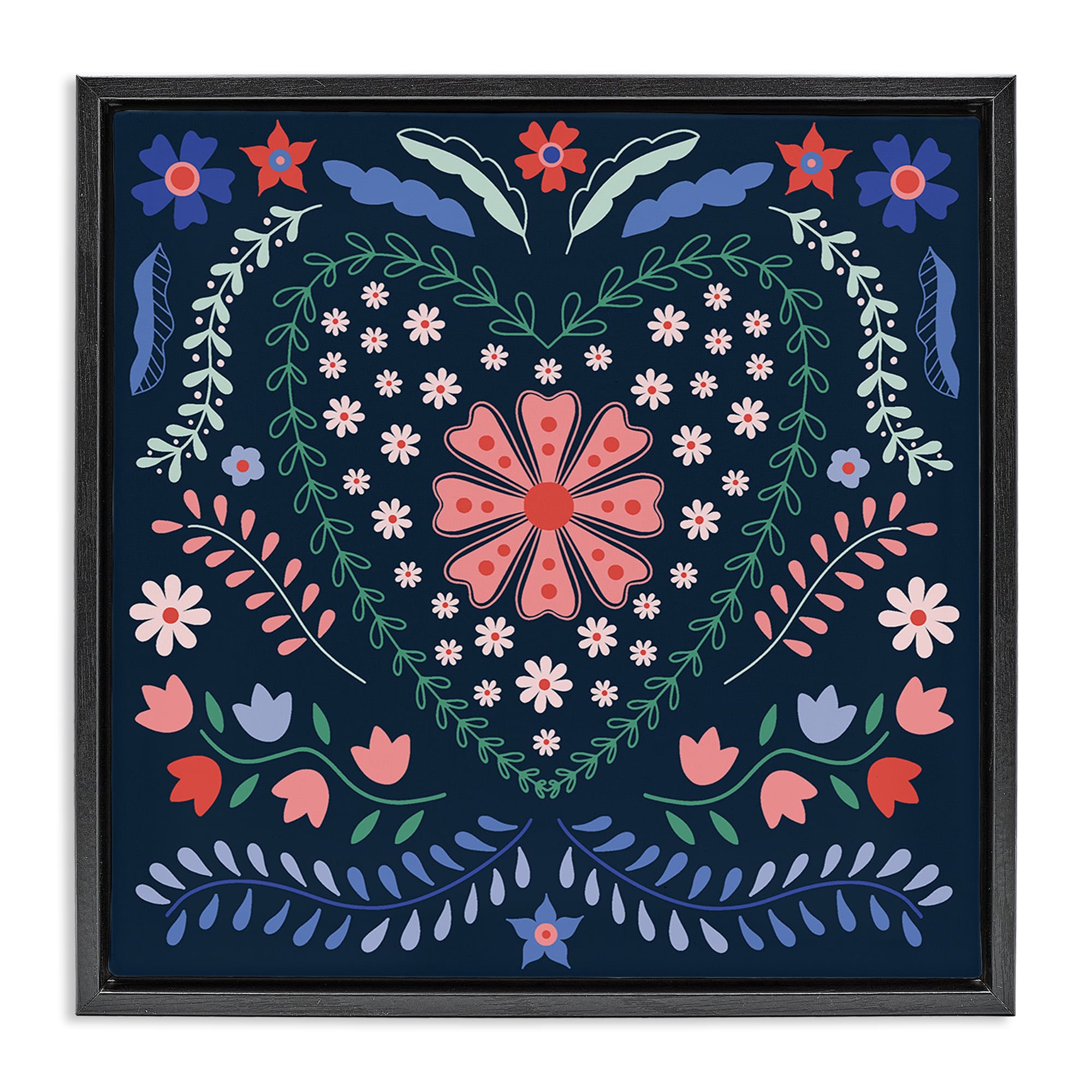 Stupell Industries BT-513-FFB-17X17 Folk Flowers in Heart Pattern Floating Frame design by Sazerelli Designs