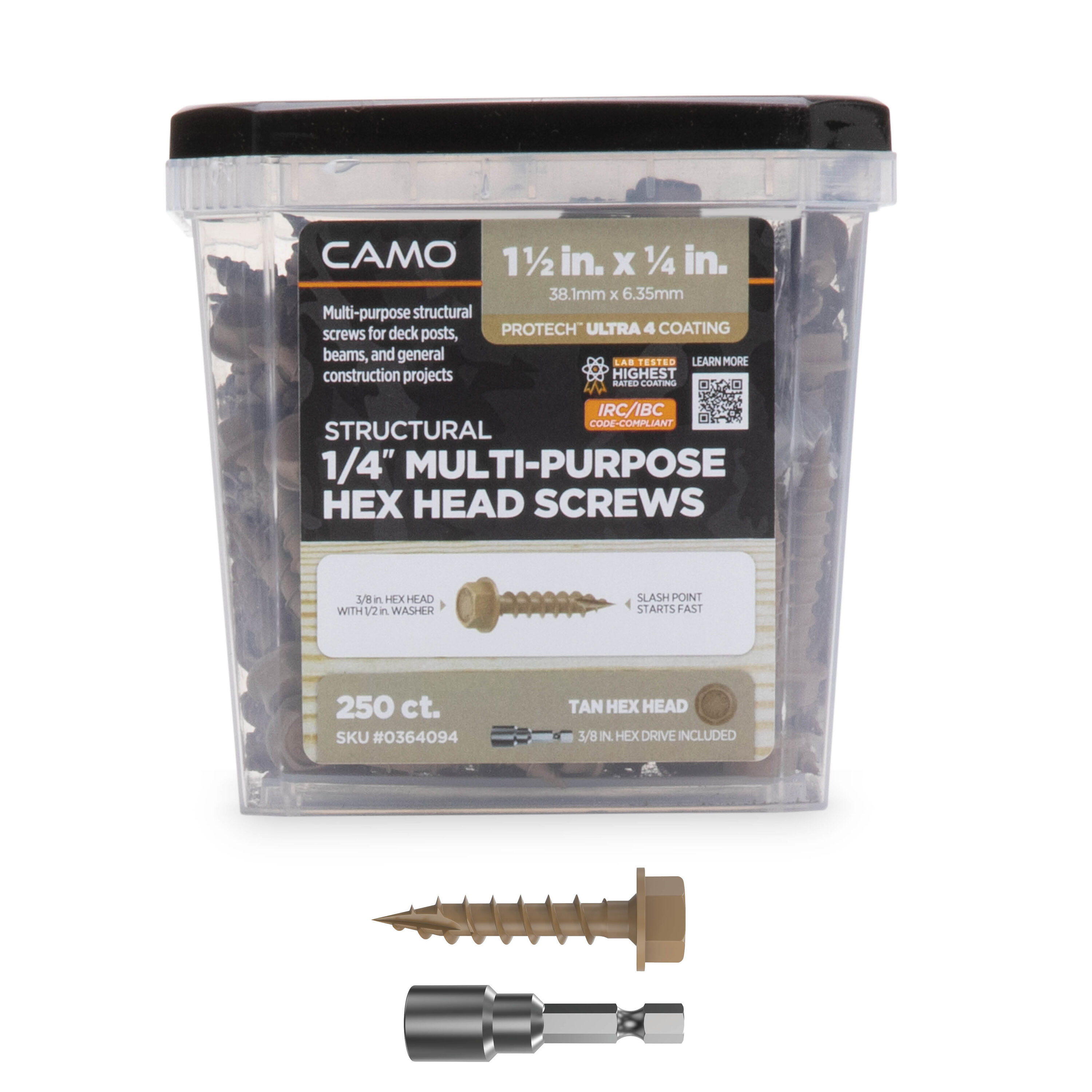 CAMO 0364094 1/4-in x 1-1/2-in Tan Polymer Hex -Head Exterior/Interior Structural wood screws 50 -Pack