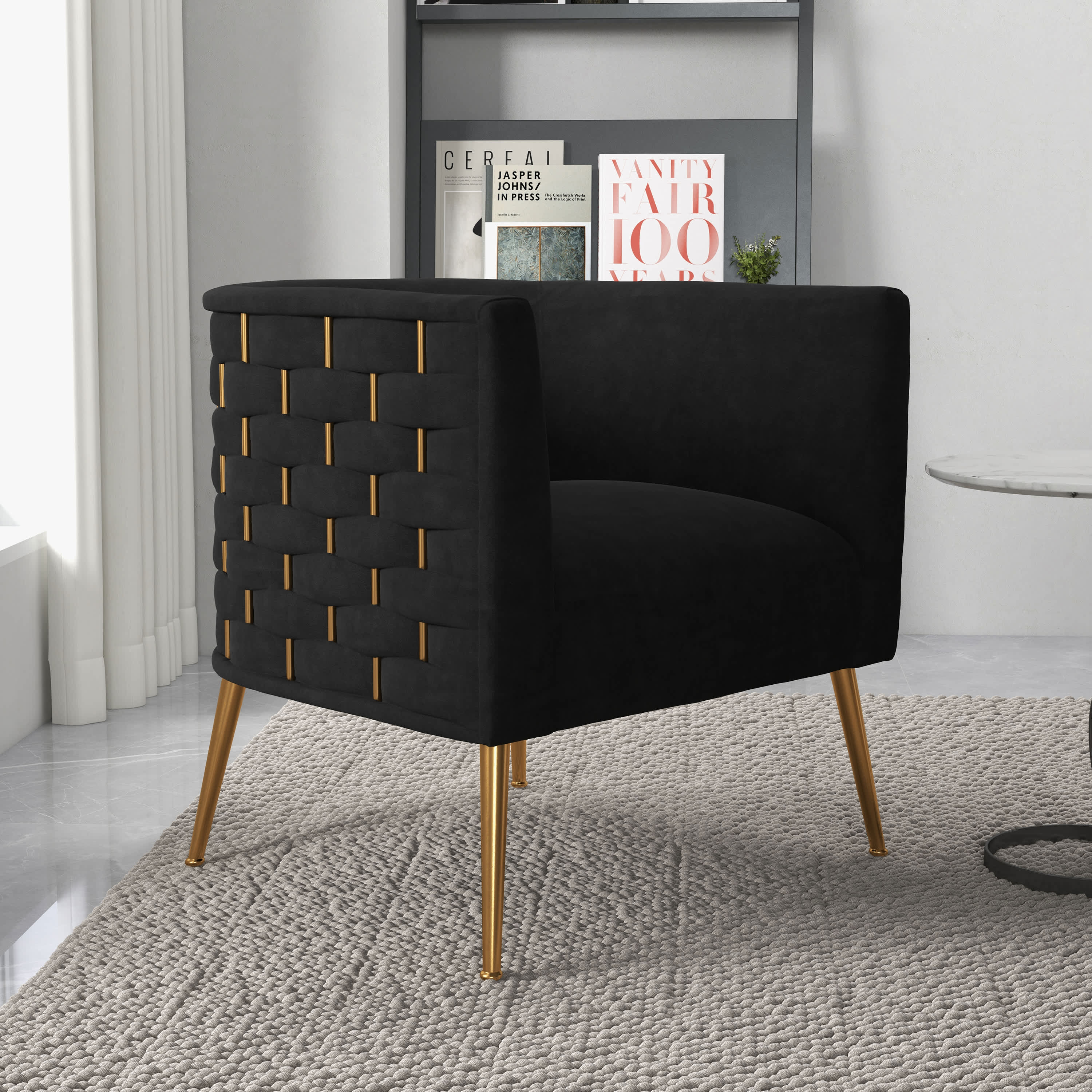 SEYNAR XY616-BLACK Mid Century Modern Velvet Accent Chair and Gold Finish Barrel Chair for Living Room