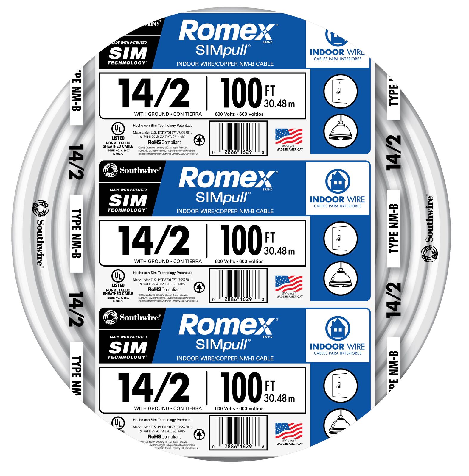 Southwire 28827428 100-ft 14 / 2 / Romex SIMpull Solid Indoor CU NM-B W/G Individual pack ( By-the-roll )