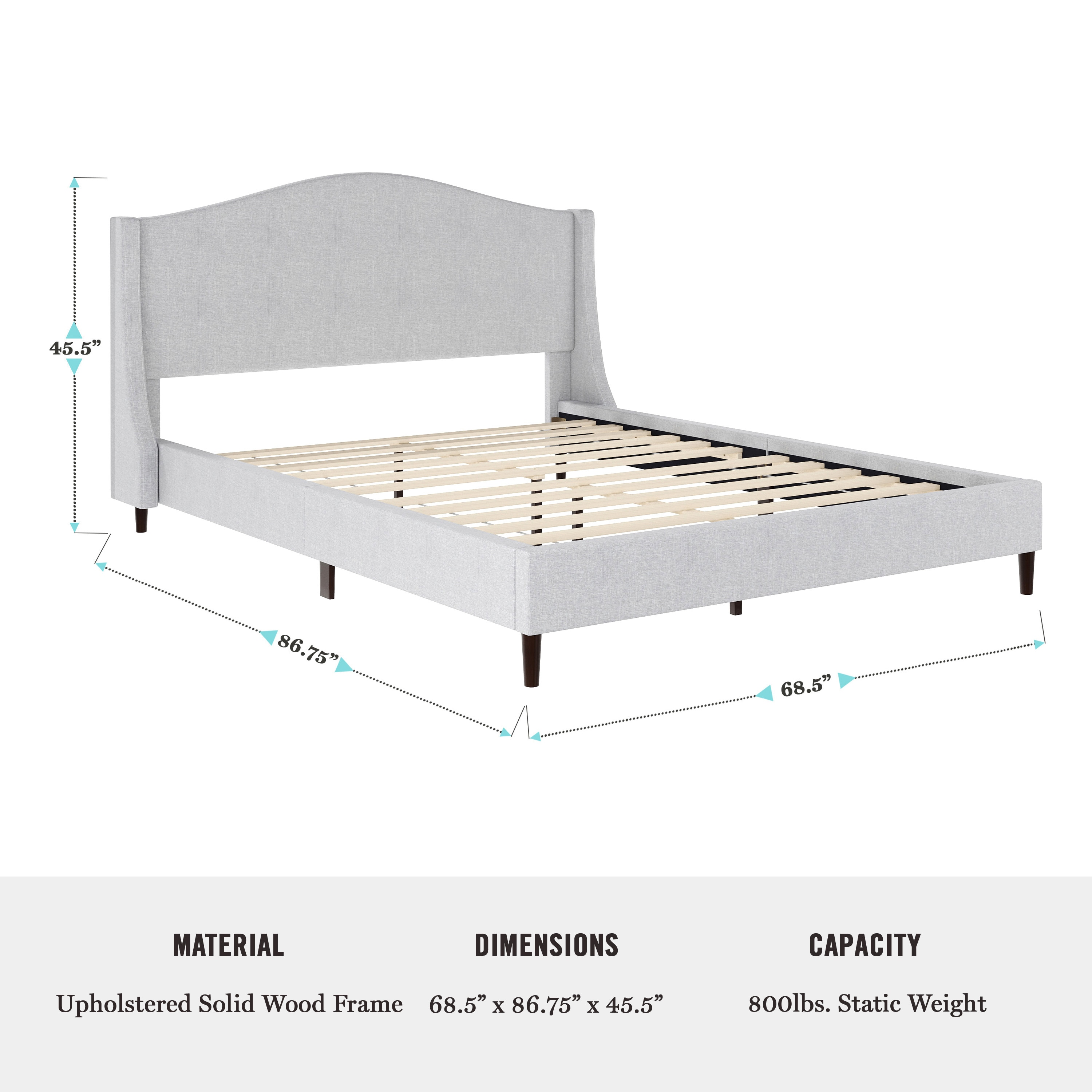 Gray Queen Upholstered Platform Bed with Curved Headboard and Wood Frame