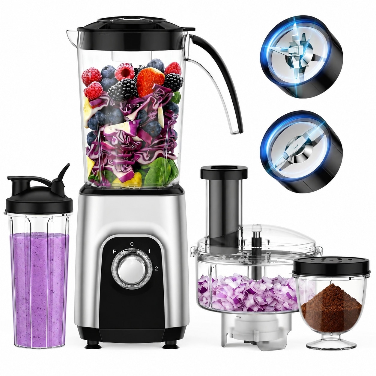 DHMHD - 4 in 1 Blender Food Processor Combo 1000W Motor 34oz Pitcher 22oz Travel Cup Meat Grinde...
