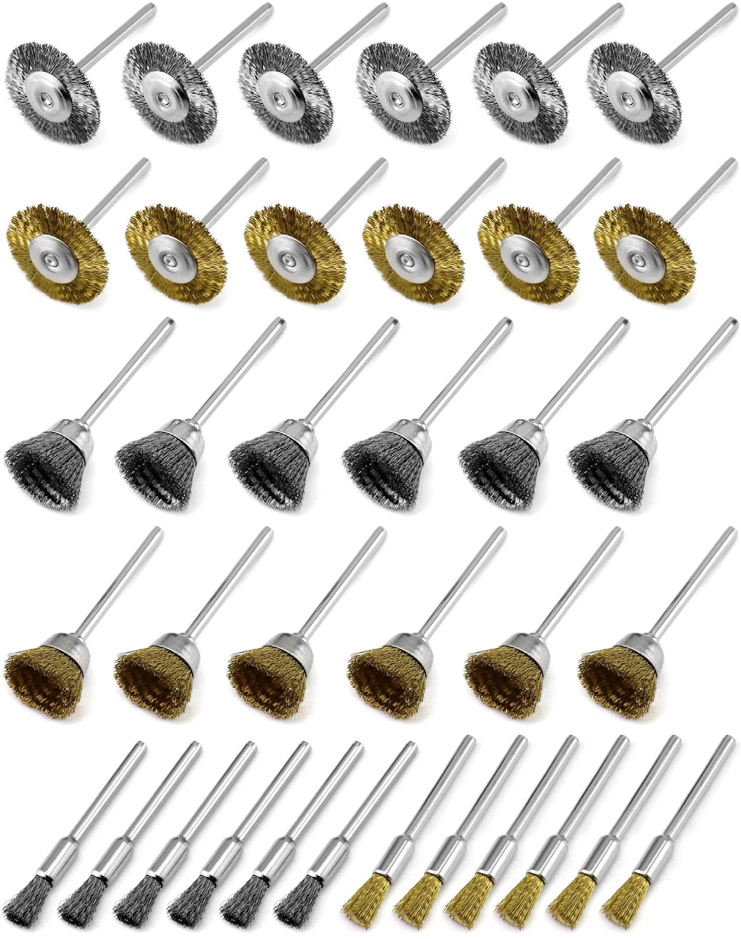 Oyezvary  36 pcs Brass Stainless Steel Wire Brush Polishing Wheel Kit for Rotary Tools for Metal Wood Grinding Deburring Surface Cleaning Rus