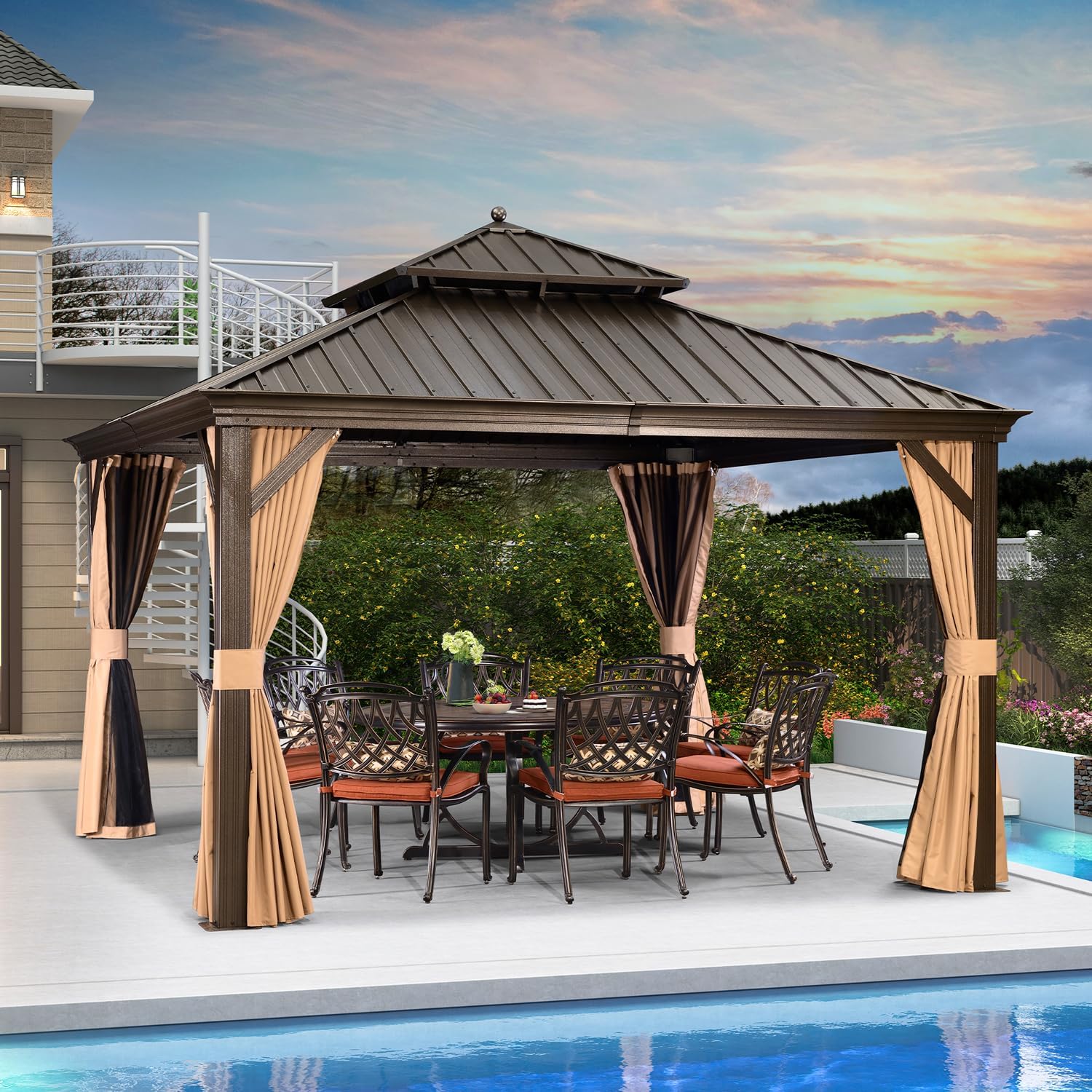 12-ft x 12-ft Brown Aluminum Hardtop Gazebo with Steel Roof and Curtains