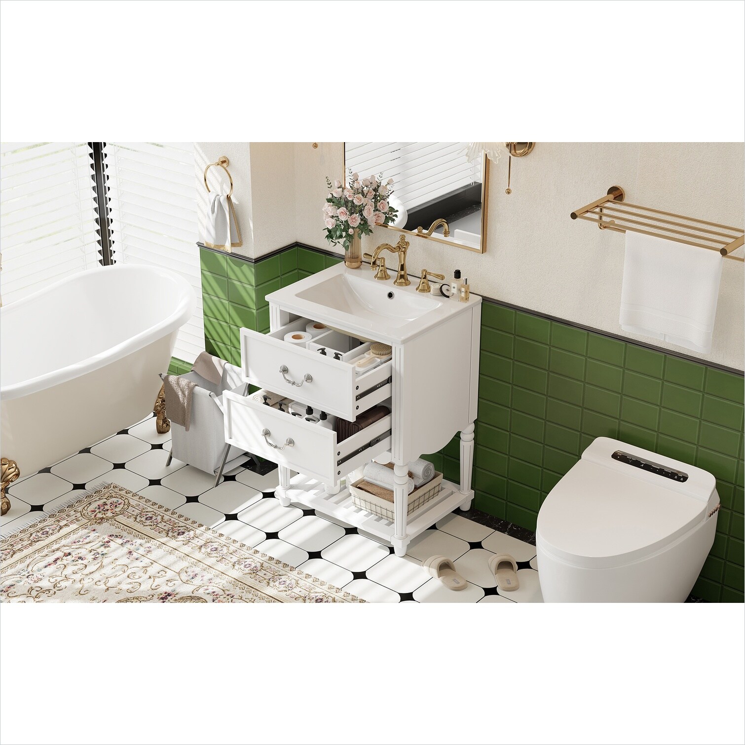 Watnature 24-Inch Soft White Bathroom Vanity with 2 Soft-Close Drawers ...