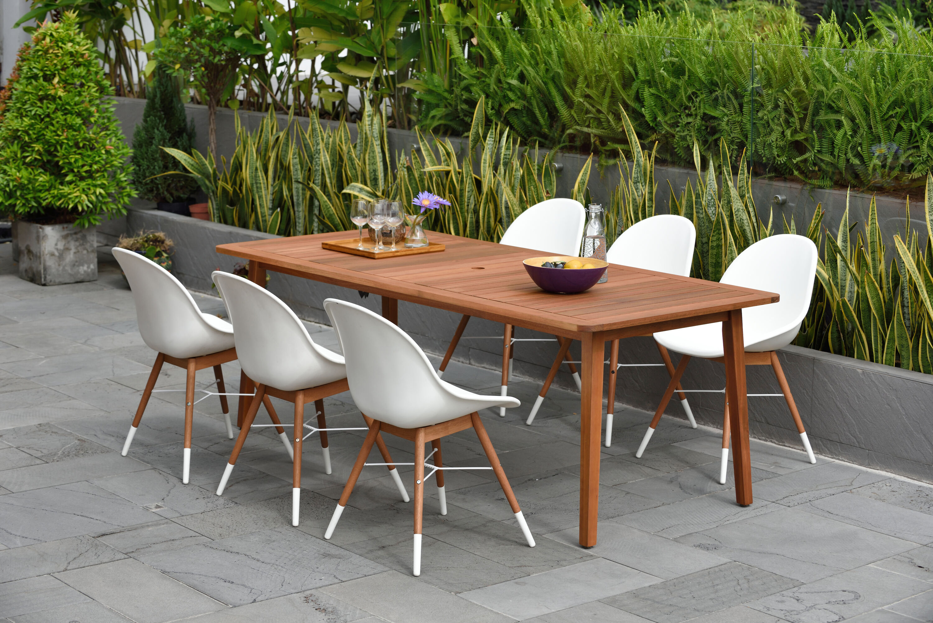 Amazonia ARI-6CHAMSDWH  7 -Piece Patio Dining Set Wood Rectangle Table with 6 Stationary Chairs