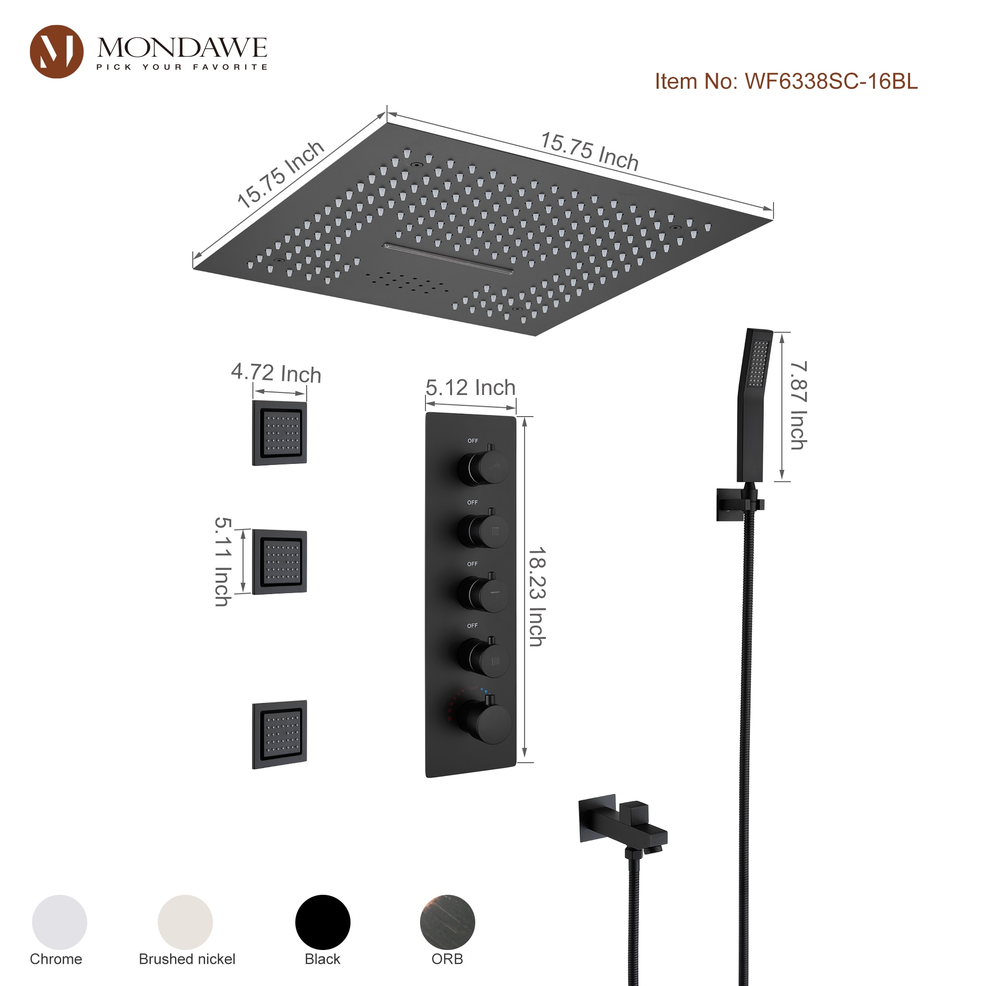 Mondawe WF6338SC-16BL Showerhead-Bar-Panels - View #11