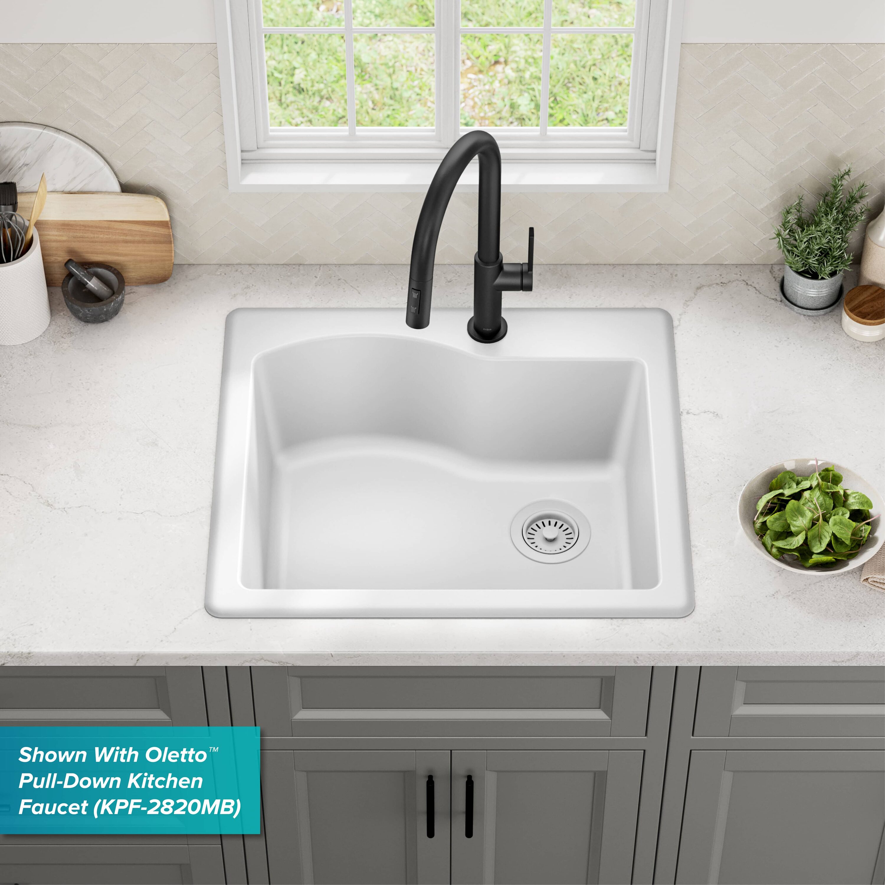 25" White Granite Single Bowl Drop-In Kitchen Sink