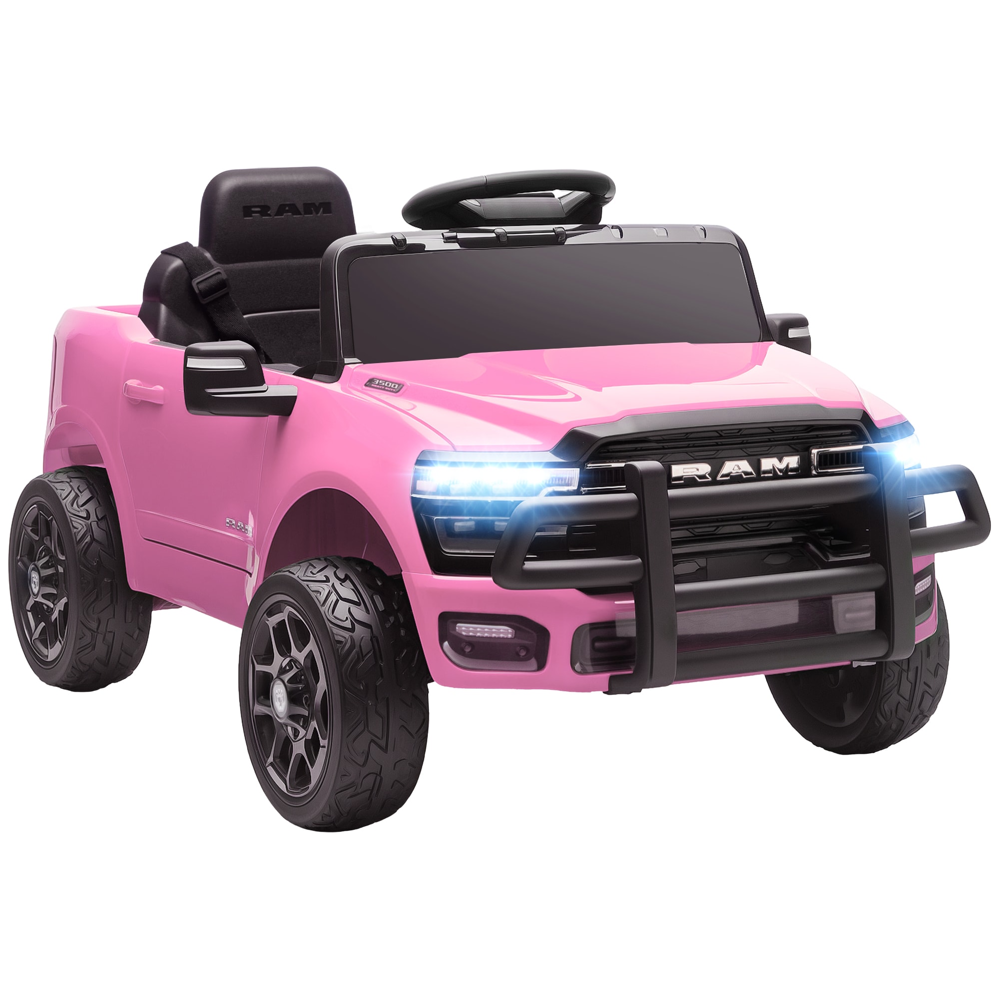 Qaba 370-456V80PK 12V Kids Ride on Car Dodge RAM 3500 Licensed Dual Motors Remote Control Bluetooth Lights Pink