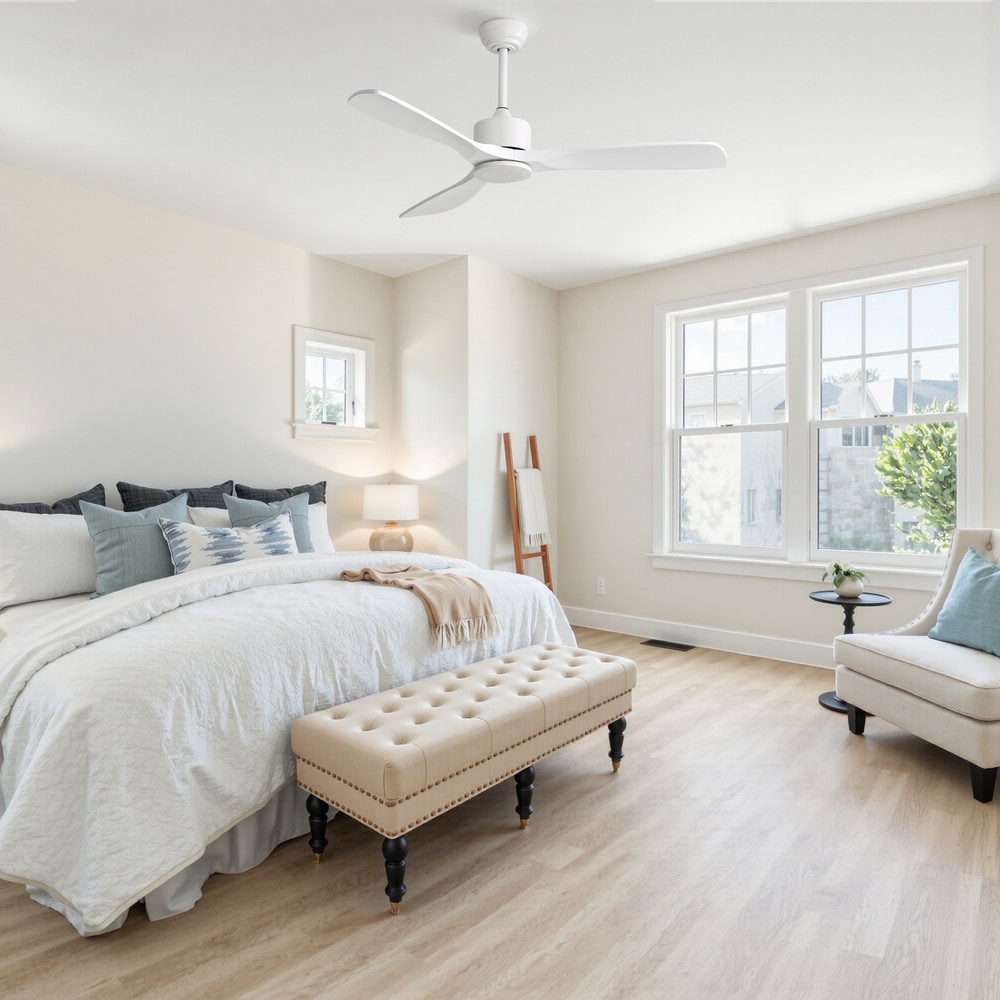 Sofucor 52-in Modern Downrod 3-Solid Wood Blade White Ceiling Fan with Remote Reversible DC Indoor and Light Kit Not Included
