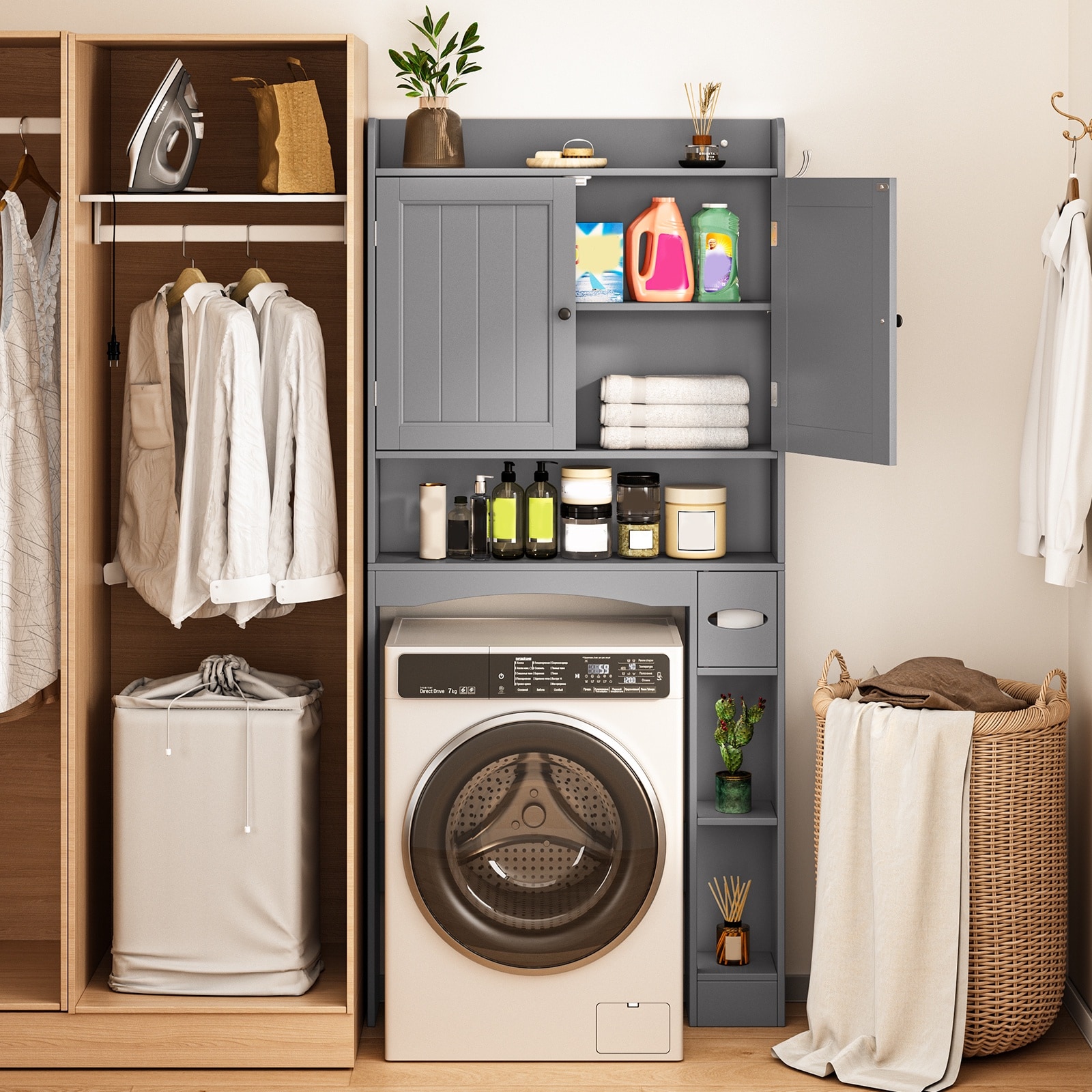 Lofka 66 Inch H Over the Toilet Storage Cabinet Over Toilet Bathroom Organizer with 2 Doors Adjustable Shelf Bathroom Storage Rack for Bathroom Laundry Gray