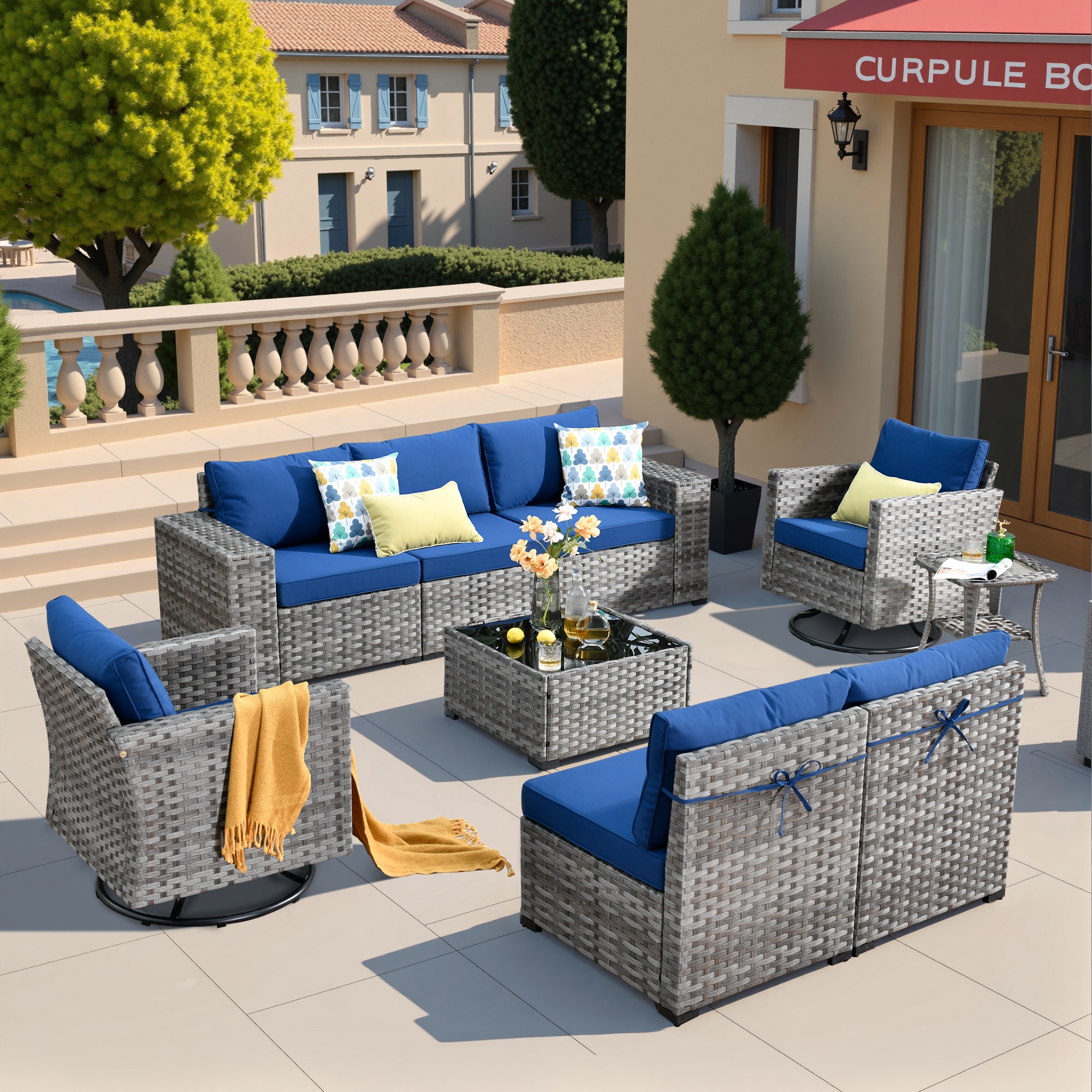 Pouuin SYZBBR7-9 9 -Piece Rattan Patio Sofa Conversation Set with Blue Cushions