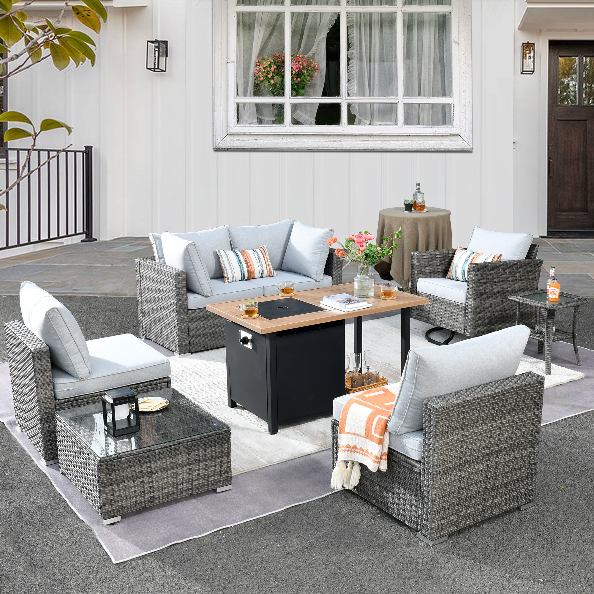 weaxty DDFPRRSGRS408 Kuuga Rattan Outdoor Sectional with Gray Cushions and Steel Frame