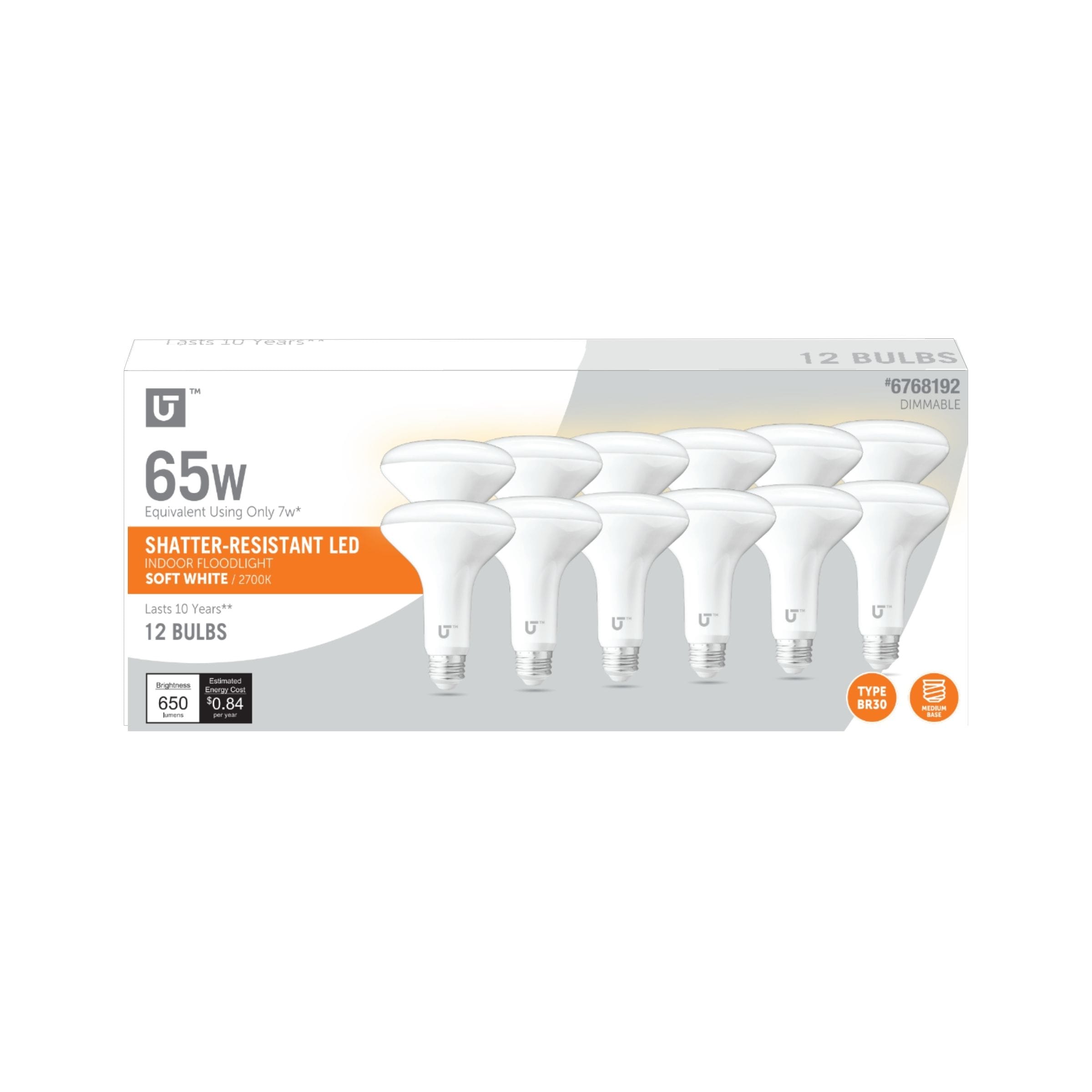 Utilitech 65 -Watt EQ BR30 Soft white Medium screw base E26 Dimmable LED Spot Flood Light Bulb 12 -Pack