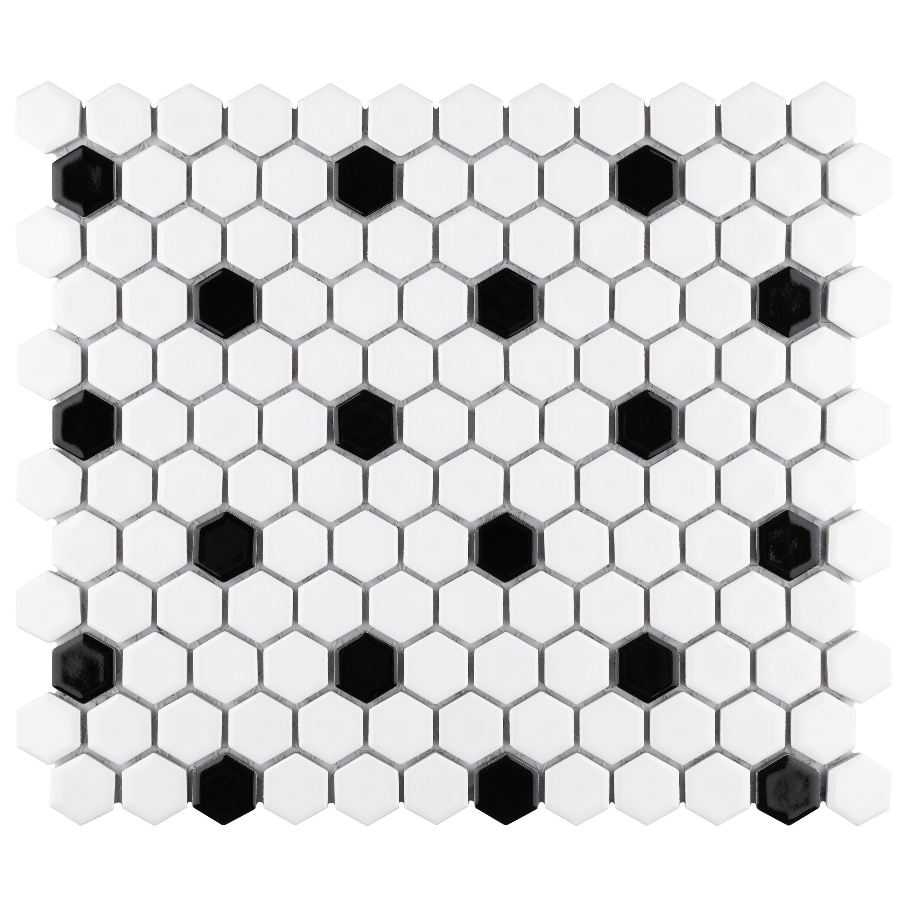 Affinity Tile S1FXLMHWBD Sample - Metro 1" Hex Glossy White with Black Dot 6-in x 6-in Glossy Porcelain Floor and Wall Tile