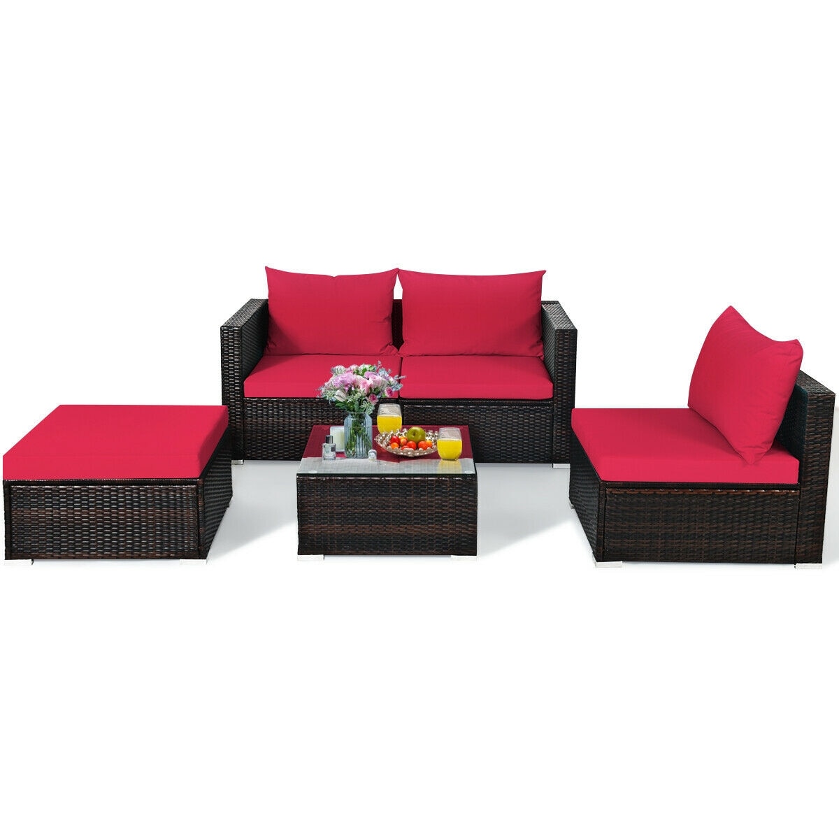 Slickblue D-CO-+ERB96776WH 5-Piece Patio Rattan Sectional Set with Brown Frame and Navy/ Red/ Turquoise Cushions Including 1 Corner Sofa 1 Armless Sofa 1 Ottoman and 1 Tempered Glass Coffee Table for Patios Gardens or Indoor Spaces