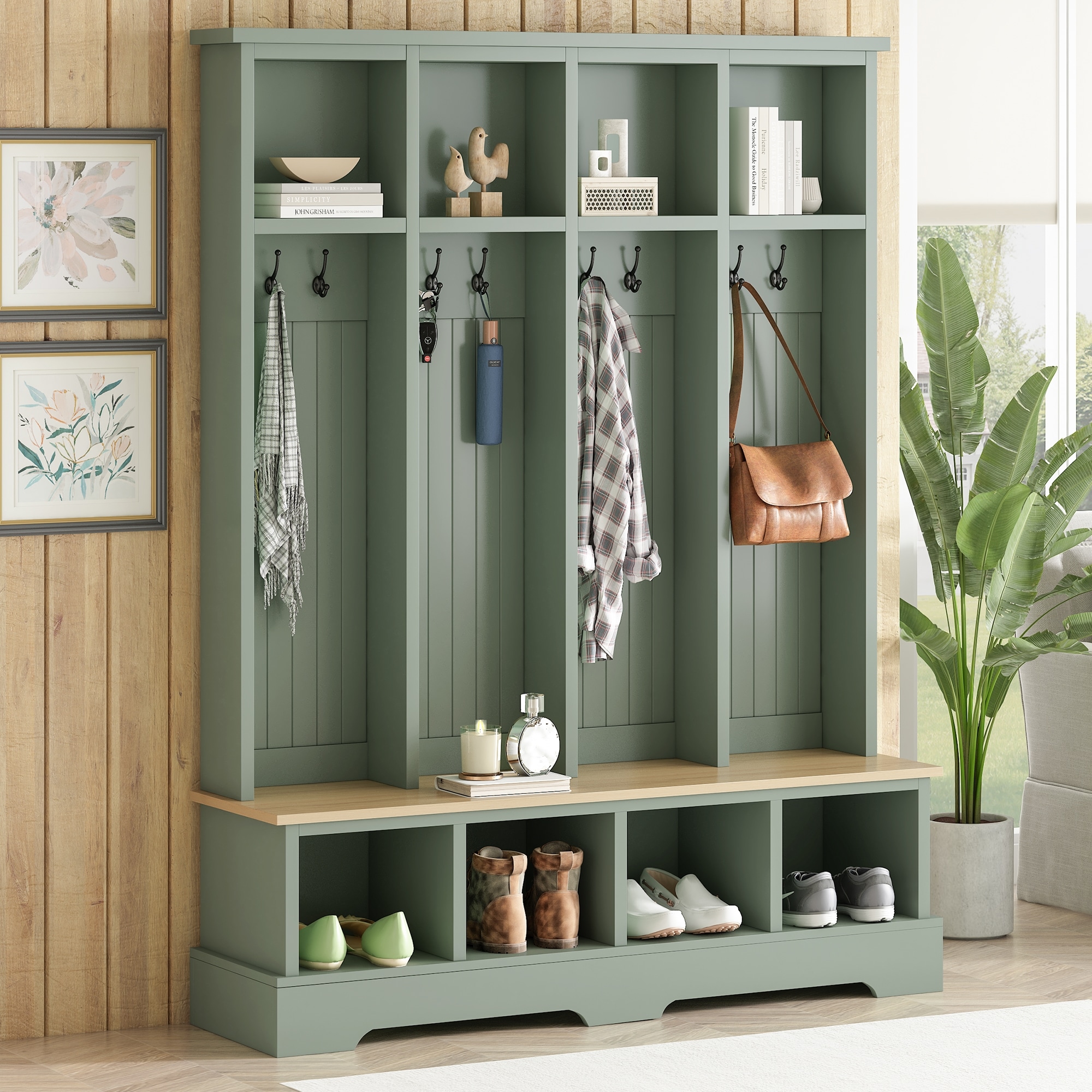 ModernLuxe L3P-N721P292601M Farmhouse 59inchW Wide Hall Tree with 8 Hooks Practical Entryway Bench with Open Compartments 76.7inchH Modern 3in1 Wooden Style Coat and Shoe Rack for Mudroom Living Room Green