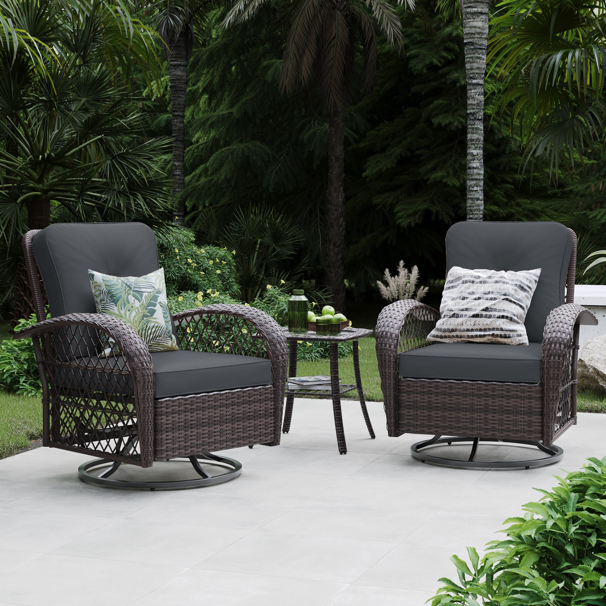 Patio Watcher FTY-2C-G4 Rocking Chair Set of 2 Rattan Brown Metal Frame Swivel rocker Rocking Chair with Dark gray Cushioned Seat