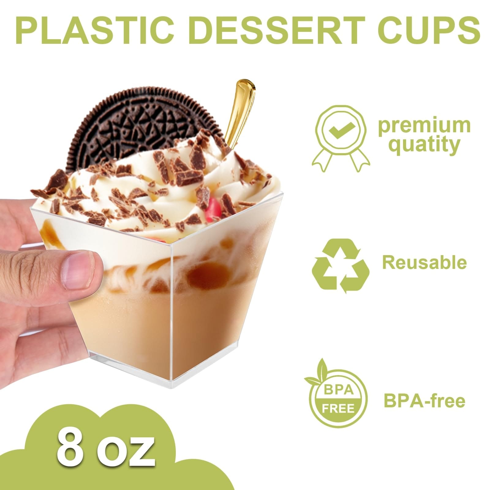 Aoibox  150 Pack 8oz Clear Square Plastic Dessert Cups with Dome Lids and Mini Gold Spoons for Party Serving