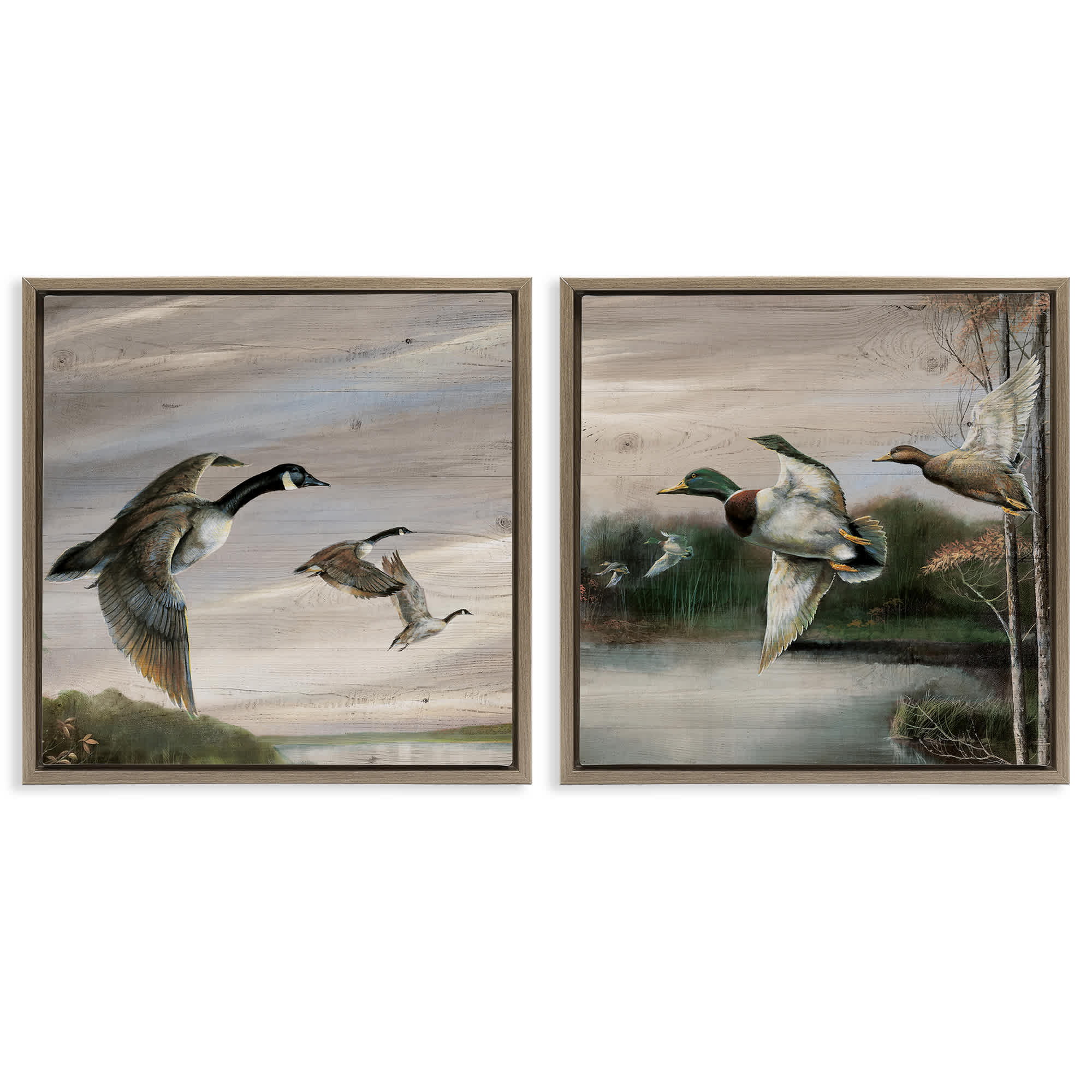 Stupell Industries B2-735-FFE-2PC-24X24 Geese and Ducks in Nature 2 Piece Brown Framed Floater Canvas Set By Ruane Manning 25 x 25