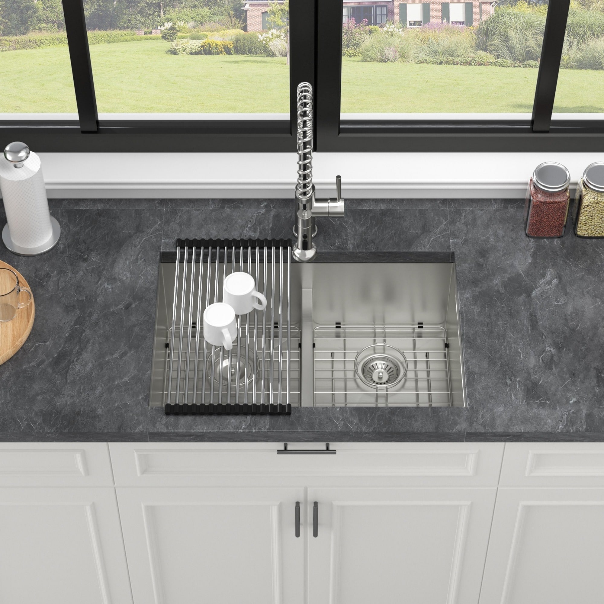IAK 30 inch x 19 inch x 10 inch Brushed Nickel Stainless Steel Double Bowl Undermount Kitchen Sink with 50/50 Low Divider Design