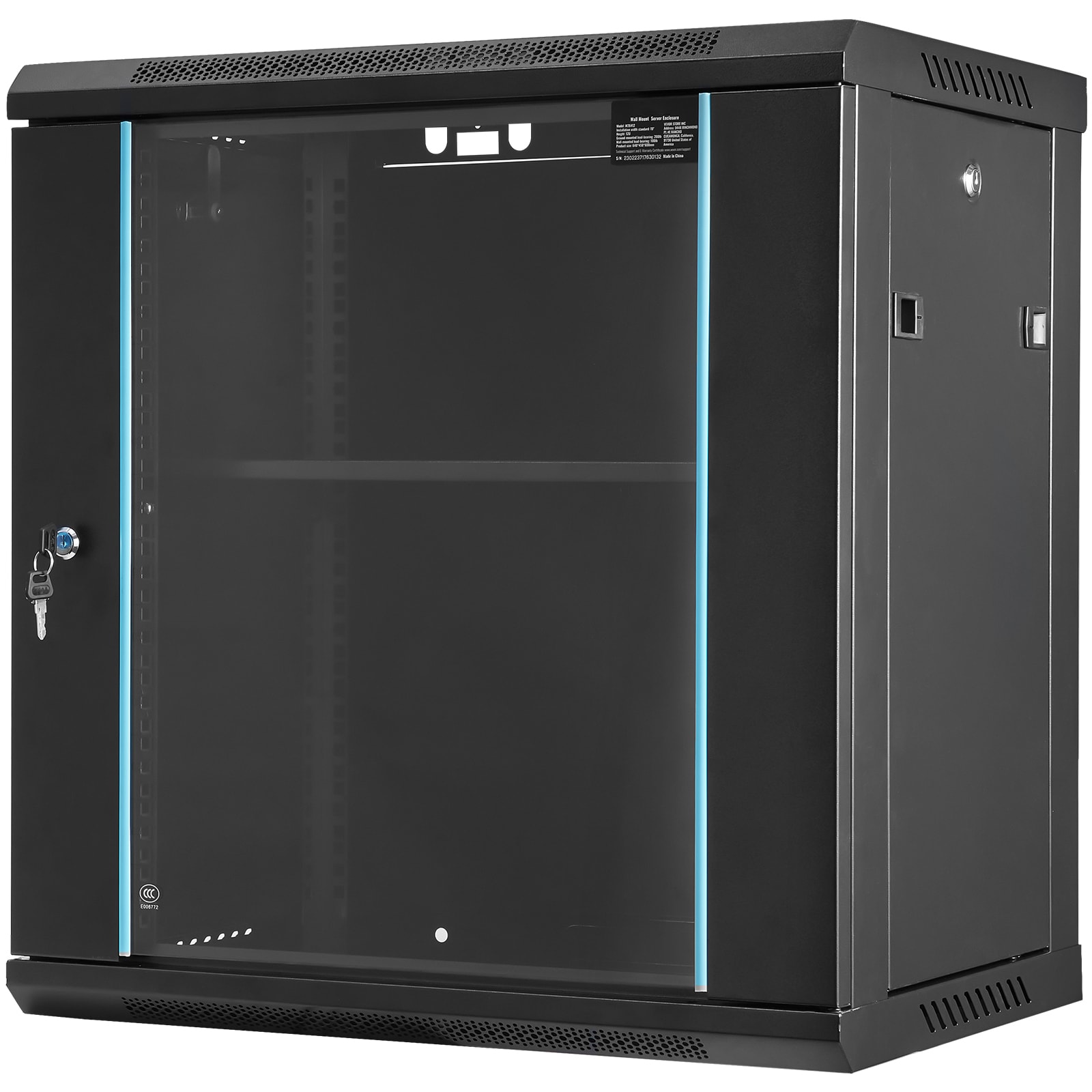 VEVOR SCWLJJGHB12U01076V0 12U Wall-Mounted Server Network Cabinet  15.5 in  Depth  Secure Rack Enclosure  Supports up to 200 lbs  Lockable Glass Door  and  Sides  Ideal for IT  and  A/V Gear