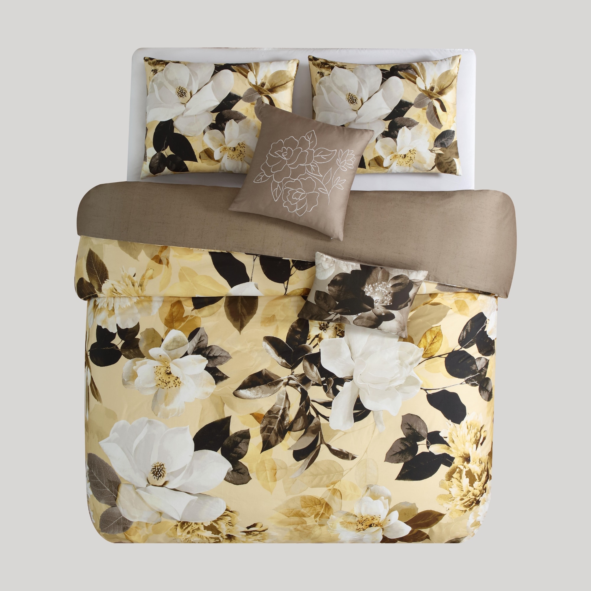 Yellow Magnolia Floral Cotton Queen Reversible Comforter Set