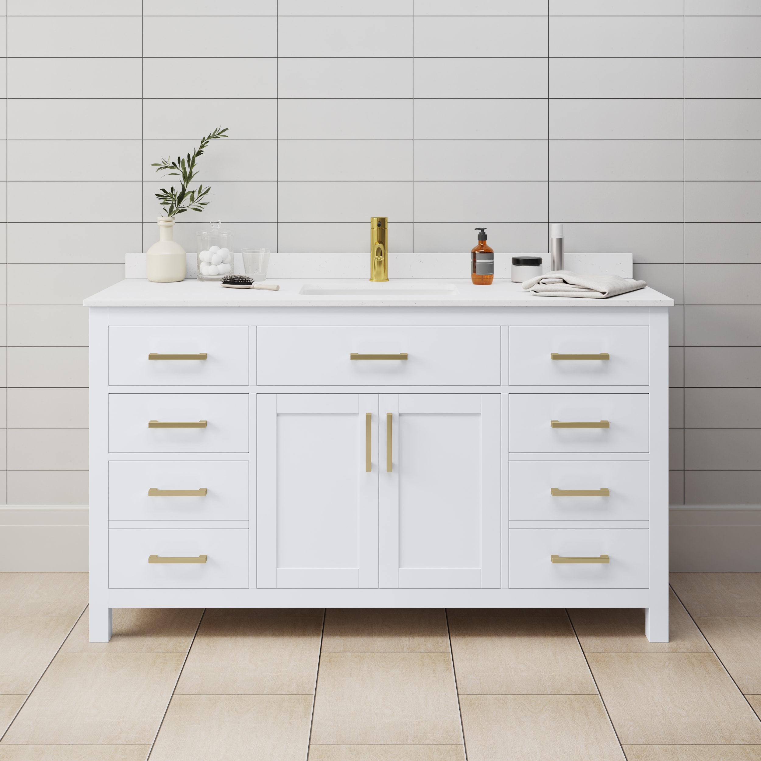 Wyndham Collection WCG242460SWGWCUNSMXX Beckett 60-in White with Brushed Gold Trim Undermount Single sink Bathroom Vanity with White Cultured Marble Cultured marble Top