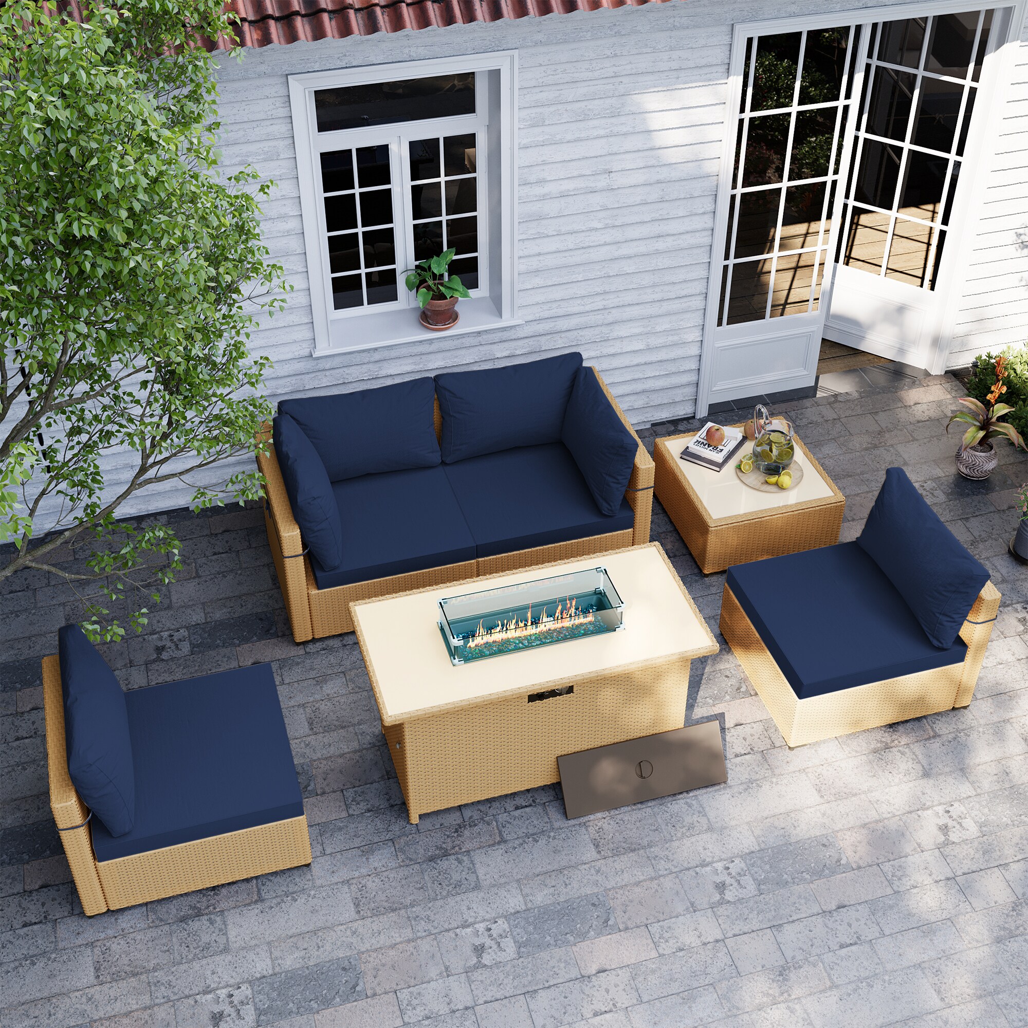 UPHA TBBE-AB43B-NAVYBLUE 6 -Piece Wicker Patio Conversation Set with Blue Cushions
