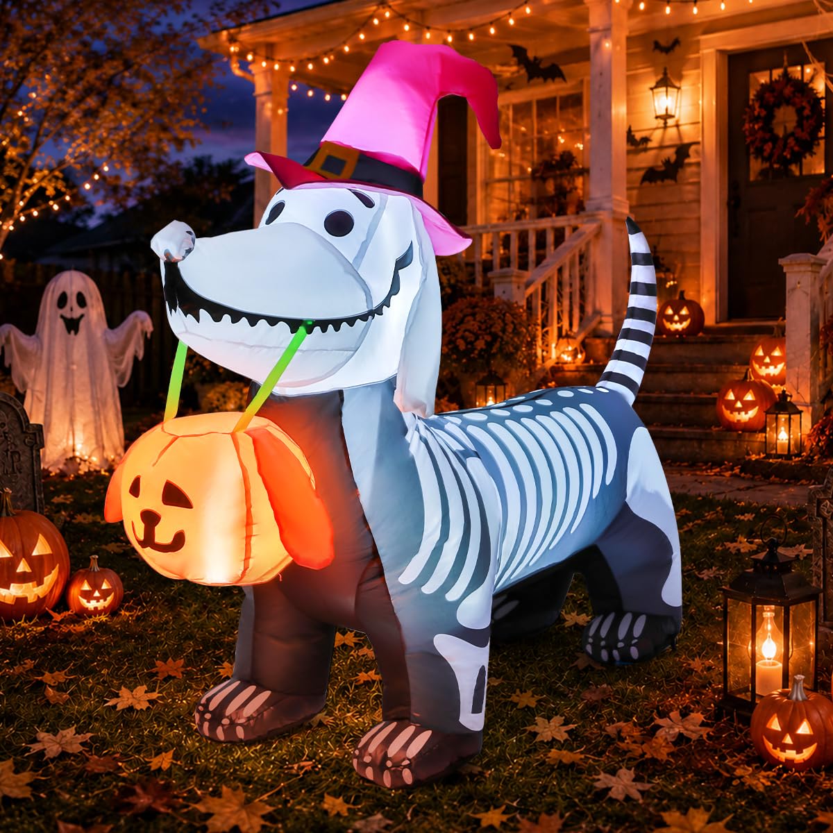 UMEELR 5.5 Ft Halloween Inflatable Skeleton Puppy with Built-In LED Lights for Outdoor and Indoor Yard Decoration