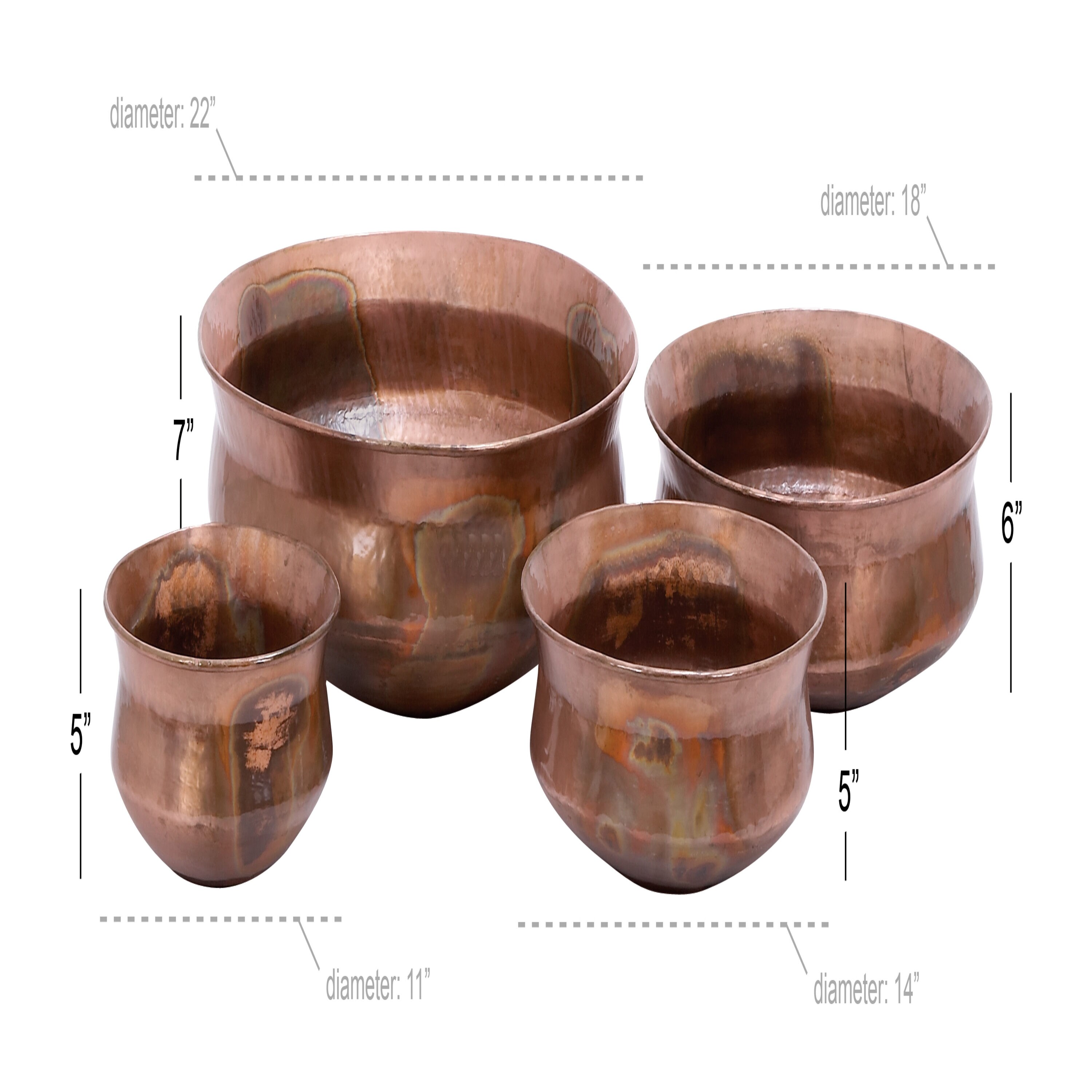 Set of 4 Rustic Copper Low Bowl Metal Planters