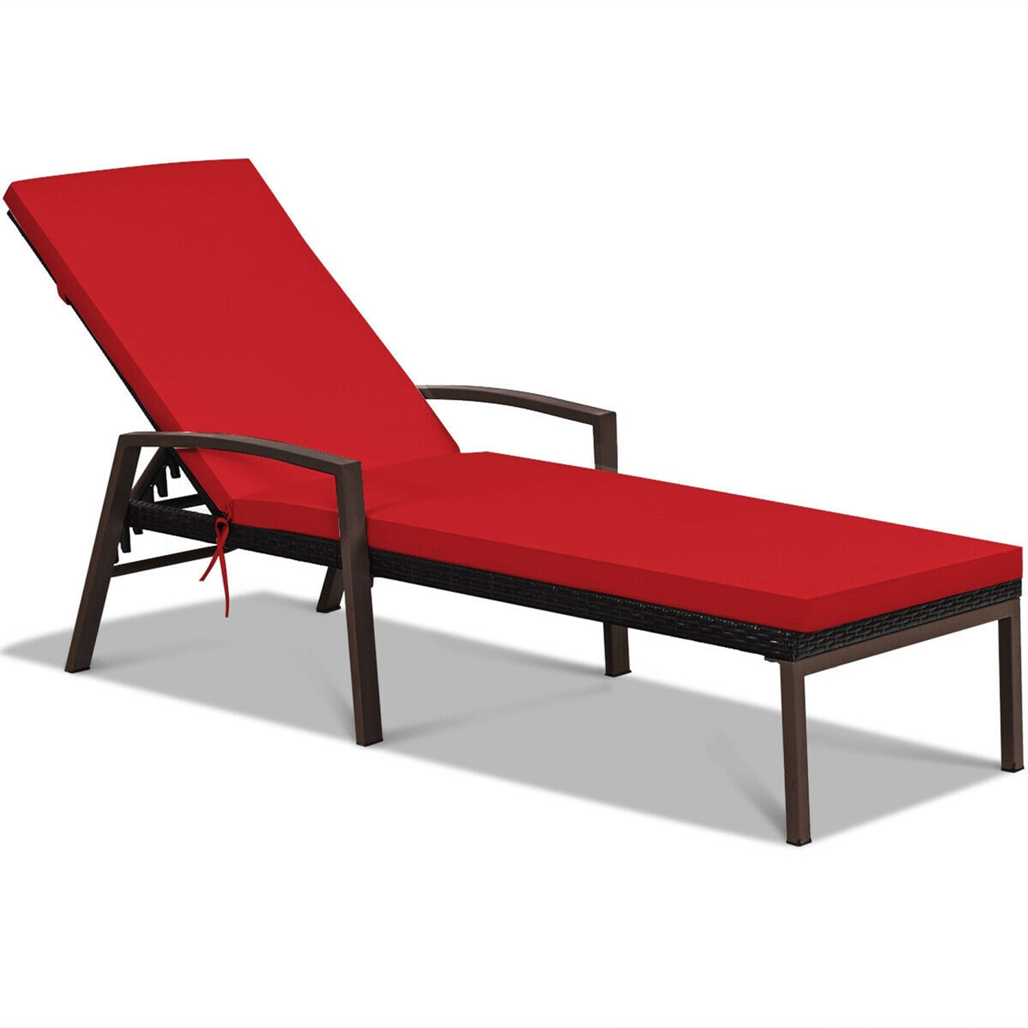 Forclover HYFE-70261RE Patio chairs Brown Steel Frame Stationary Chaise Lounge Chair with Red Cushioned Seat