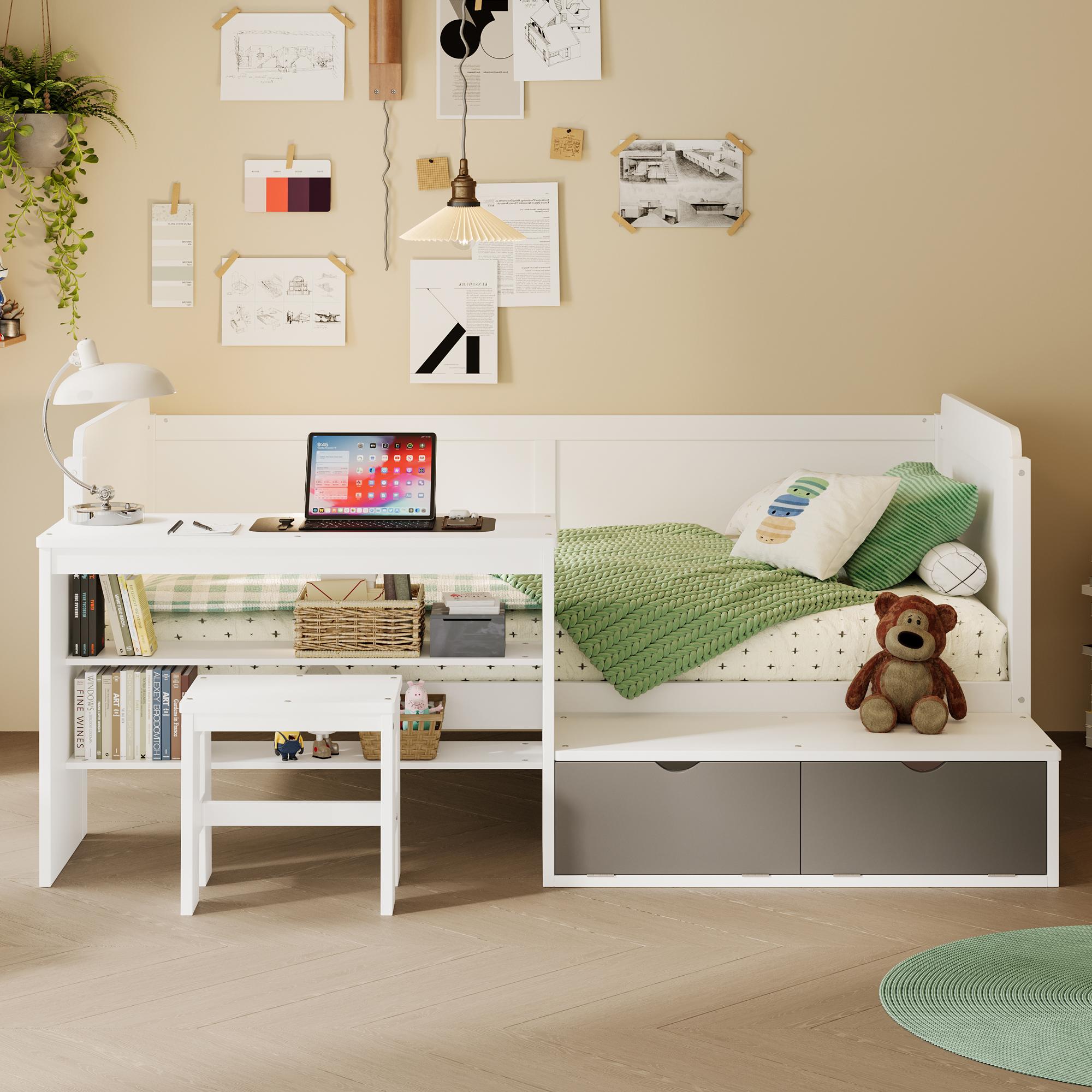 LOVMOR SF-R-N733P240746K Wooden Twin Size Daybed with Storage Shelves and Lockers Multi-functional Bed with Study Desk and Matching Stool White