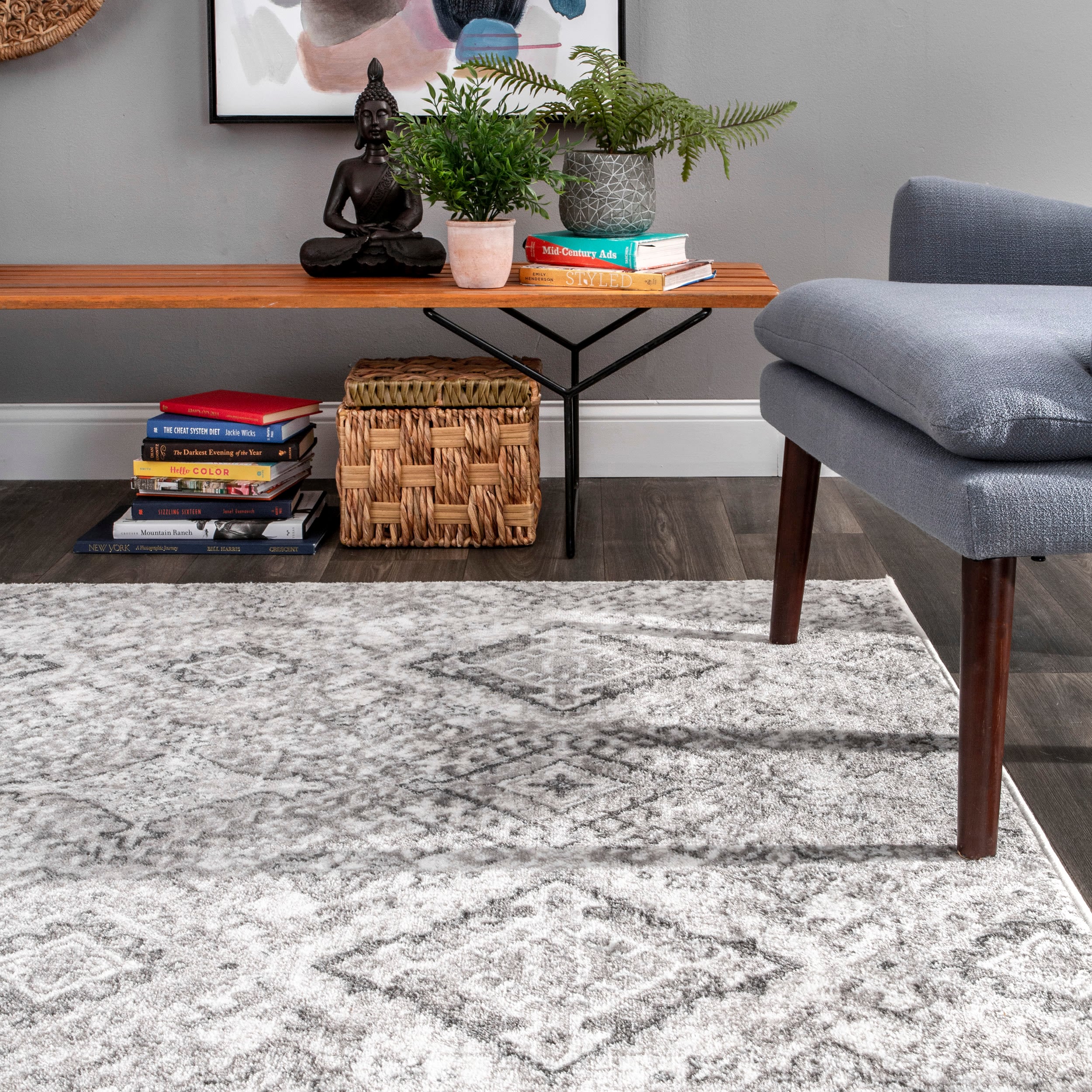 Gray Rectangular Synthetic Vintage Pattern Area Rug 3' x 5'