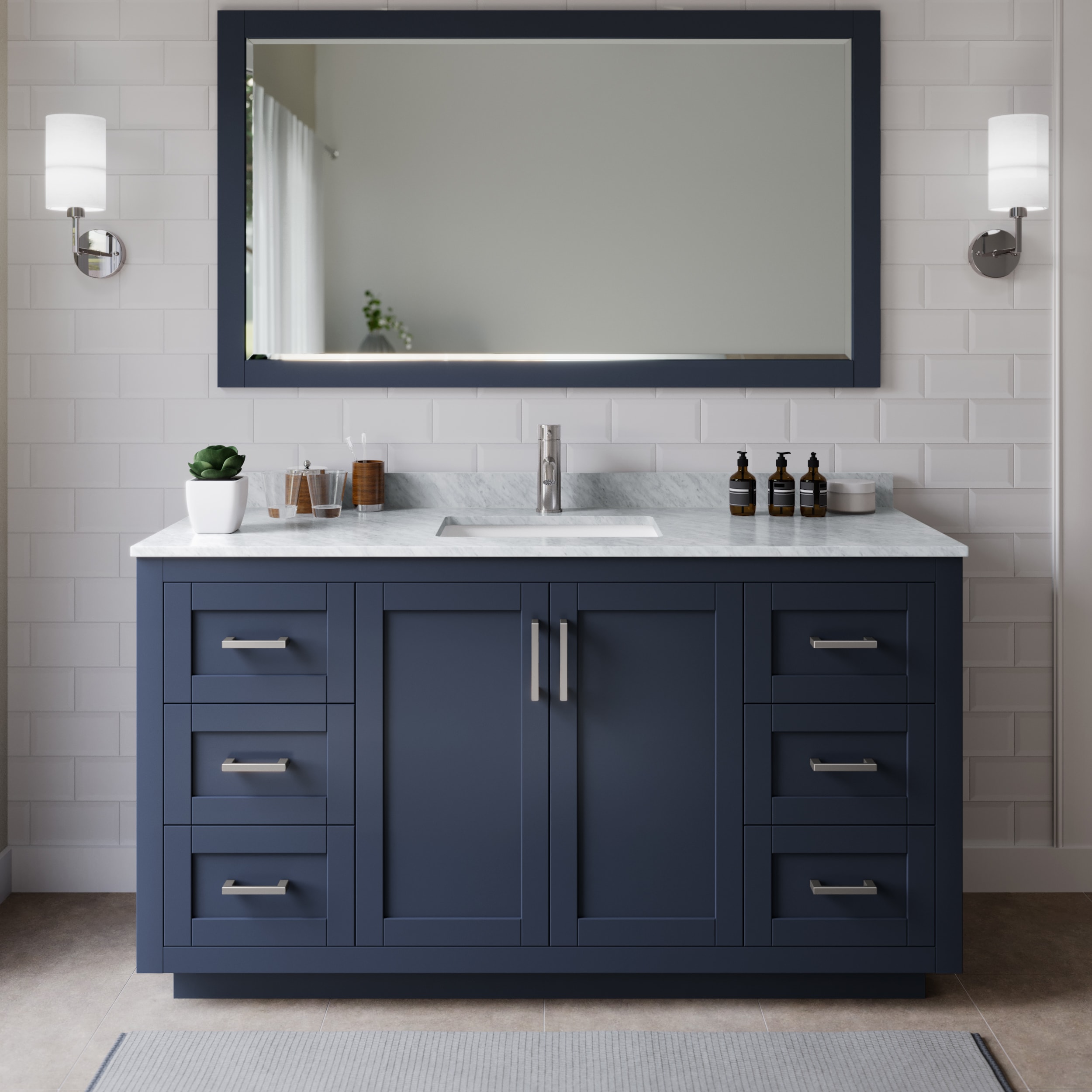 Wyndham Collection WCF292966SBNCMUNSM58 Miranda 66-in Dark Blue with Brushed Nickel Trim Undermount Single sink Bathroom Vanity with White Carrara Marble Marble Top (Mirror Included)