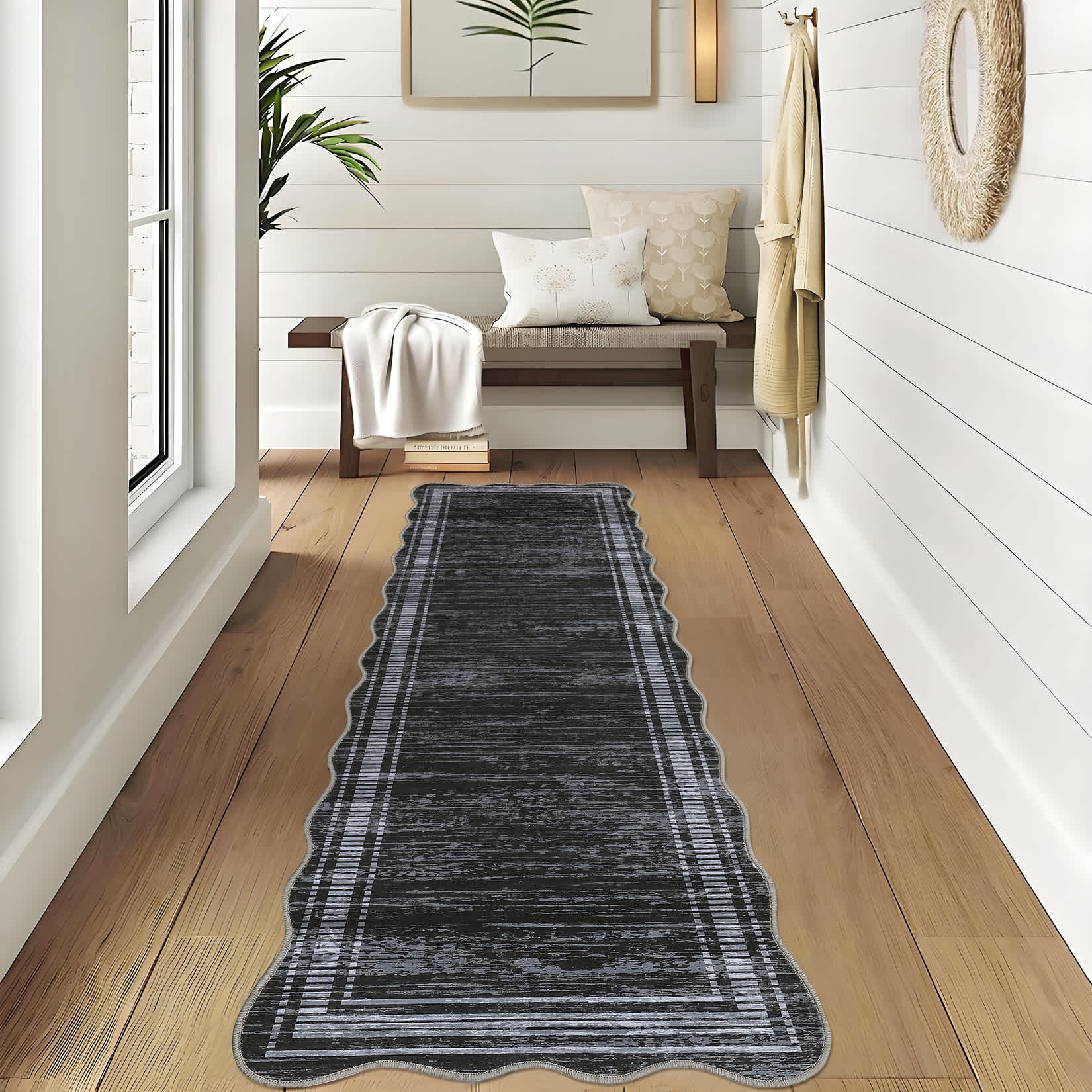Qeetex SUNNY-PHK-33JP94NT 2 x 6 ft Polyester Black Rectangular Machine Washable Geometric Bordered Laundry Bathroom Kitchen Machine Washable Runner Rug