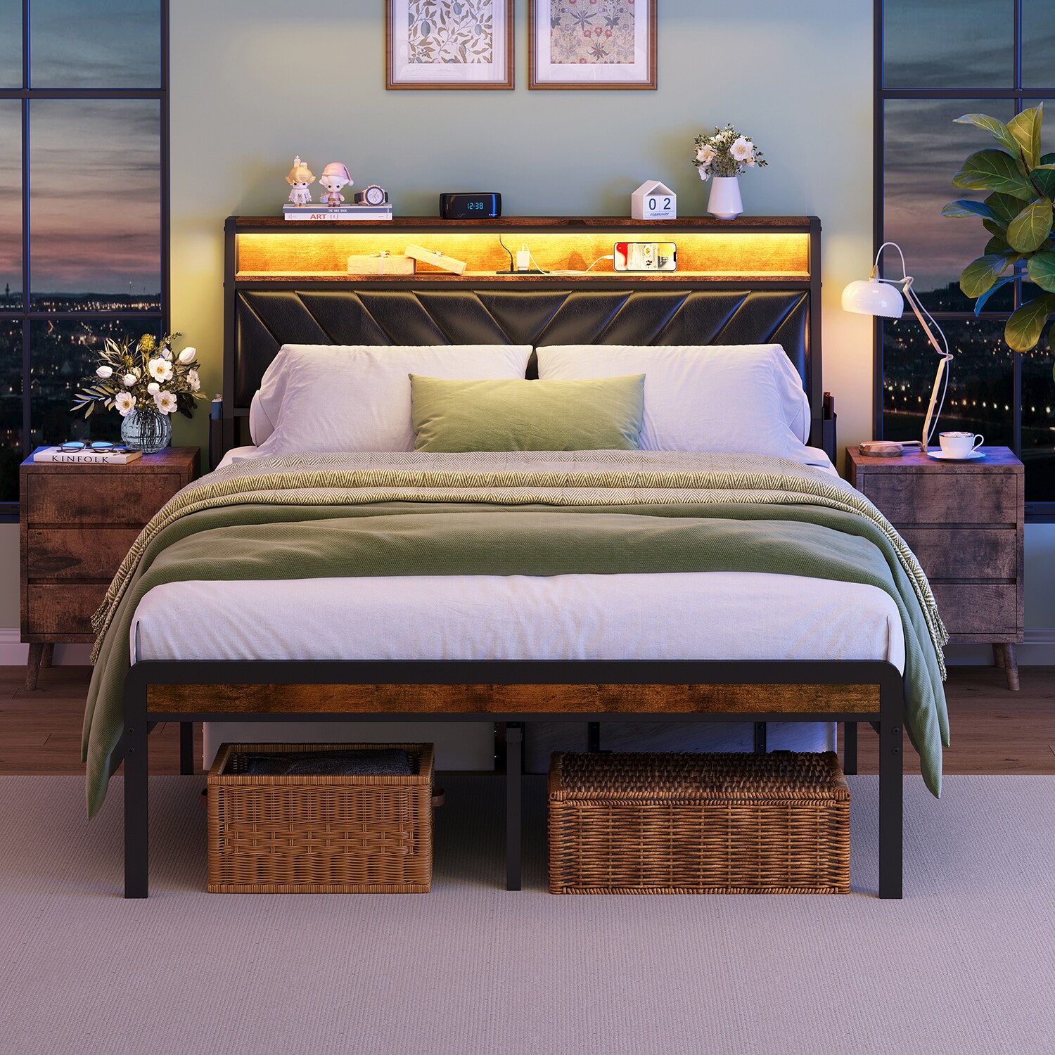 GZMR GZ-JH1326F Full size Bed Frame with 105-Degree Tilted Headboard Antique brown Full Metal Bed frame Bed with Storage