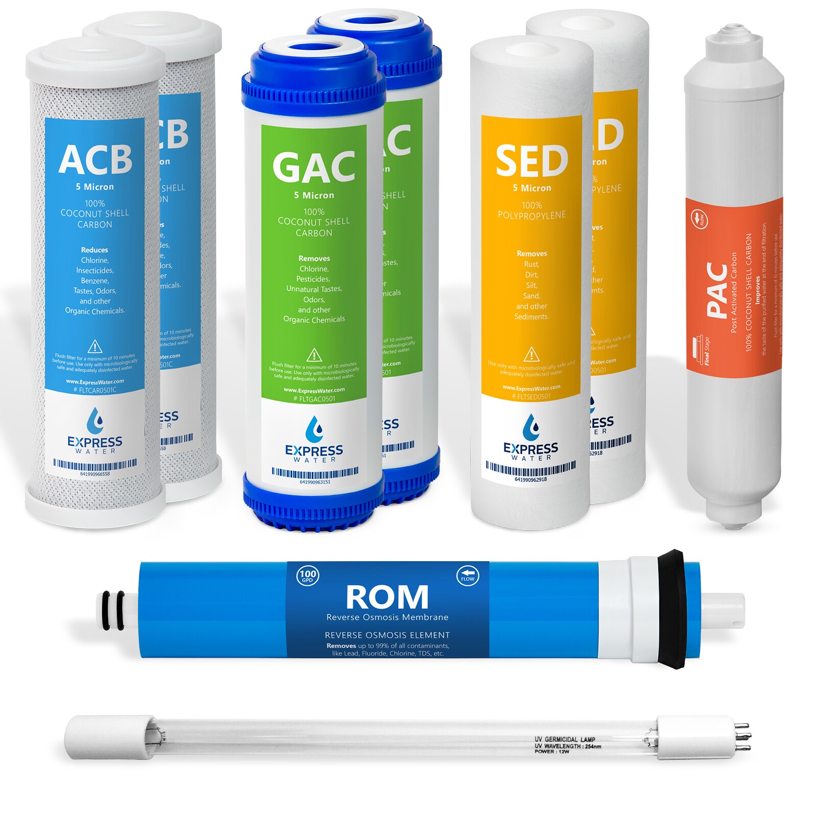 Express Water FLTSETUV0910Q FLTSETUV0910Q 1 Year 100 GPD Ultraviolet RO Filter Set Under Sink 12-Months Replacement Filter 9 -Pack