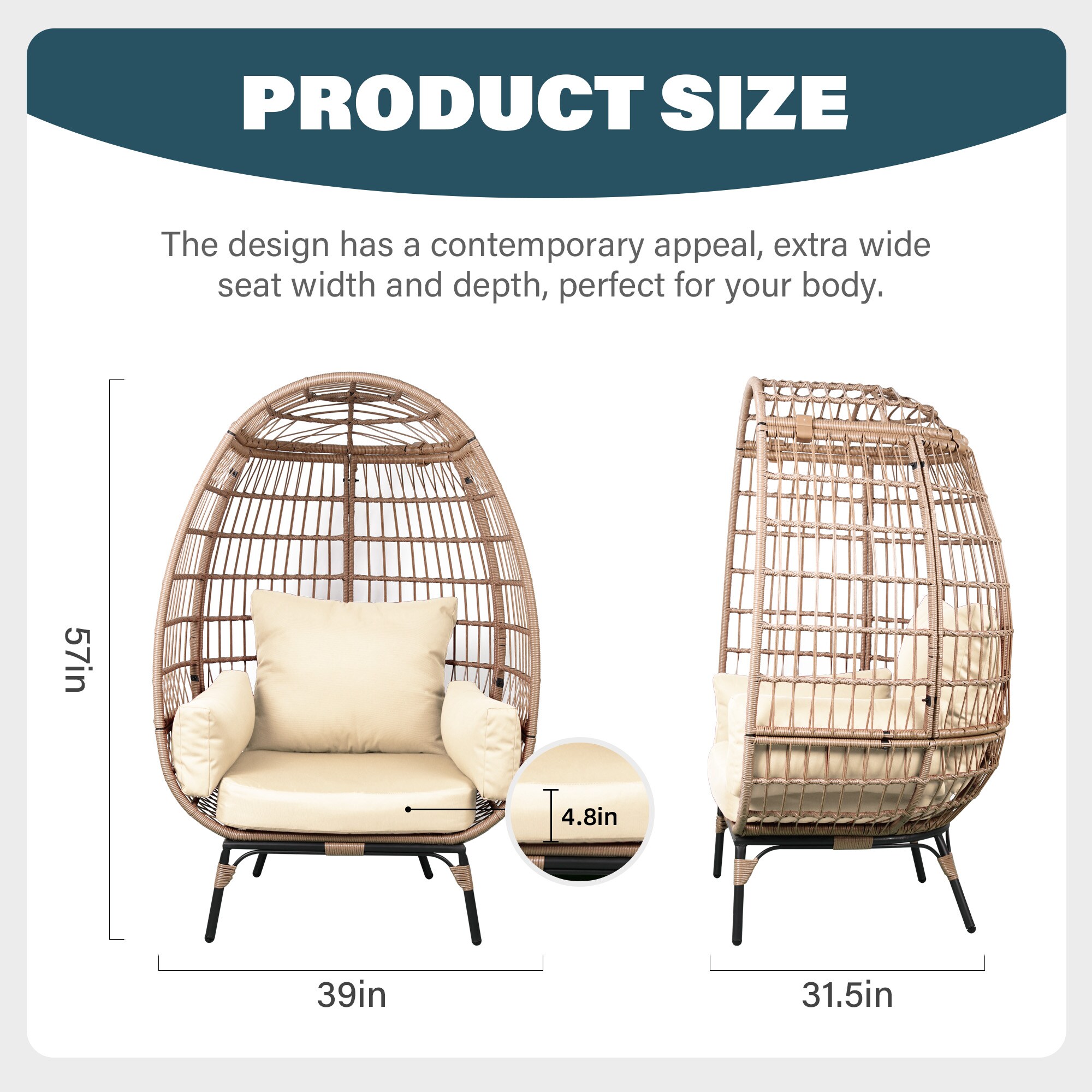 Patio Watcher Egg chair Rattan Beige Metal Frame Stationary Egg Chair ...