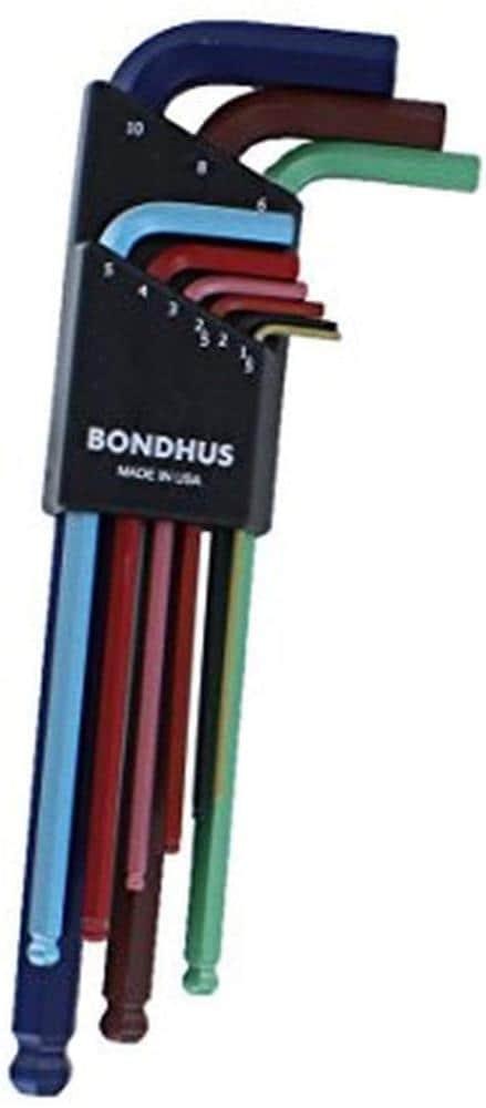 Bondhus 16999 Ball End Tip Hex Key L-Wrench Set with BriteGuard Finish and Long Arm 9 Piece 