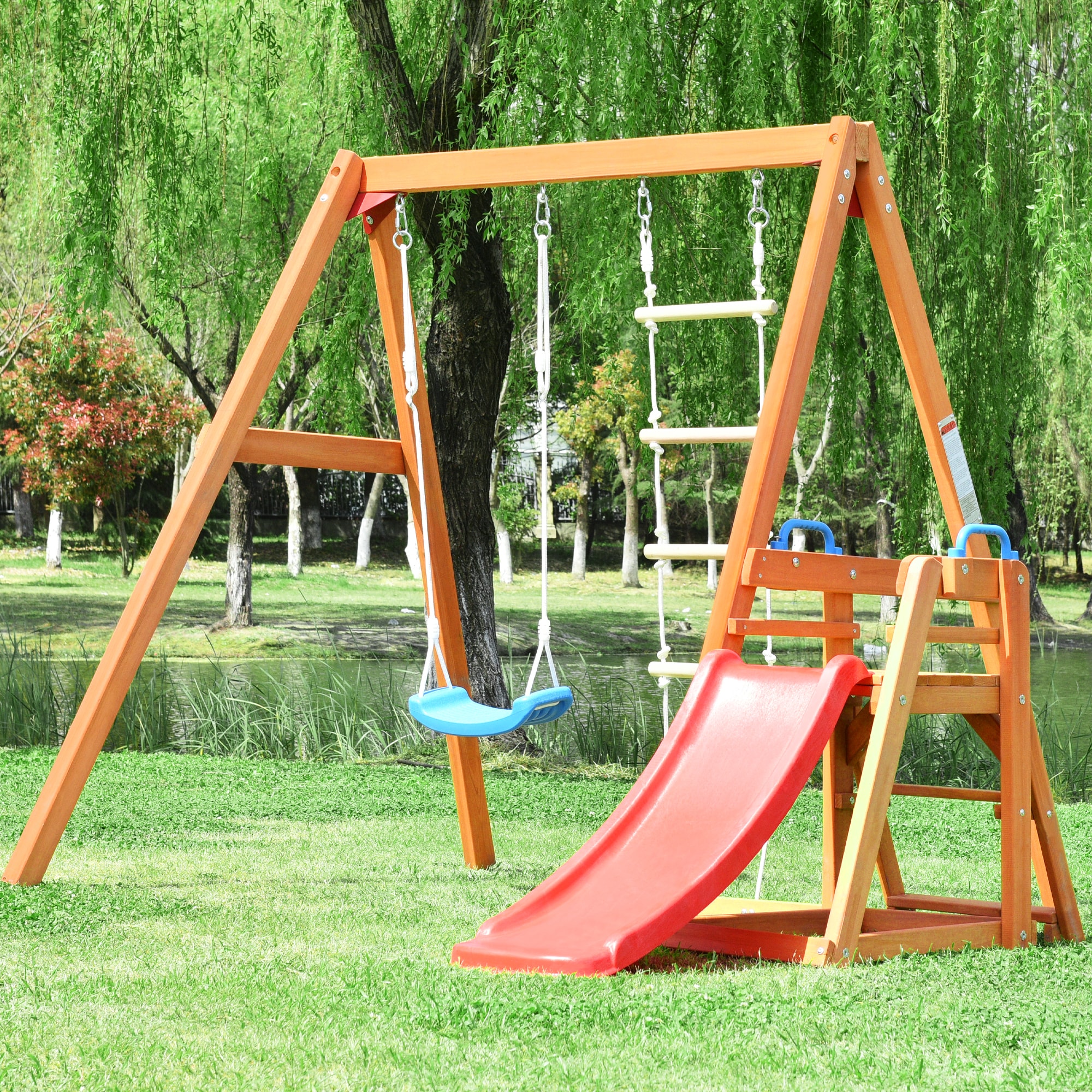Kahomvis MRS-QPH2-AQ Wooden Swing Set Commercial/Residential Metal Swing set with 1 Swing and Slide Included