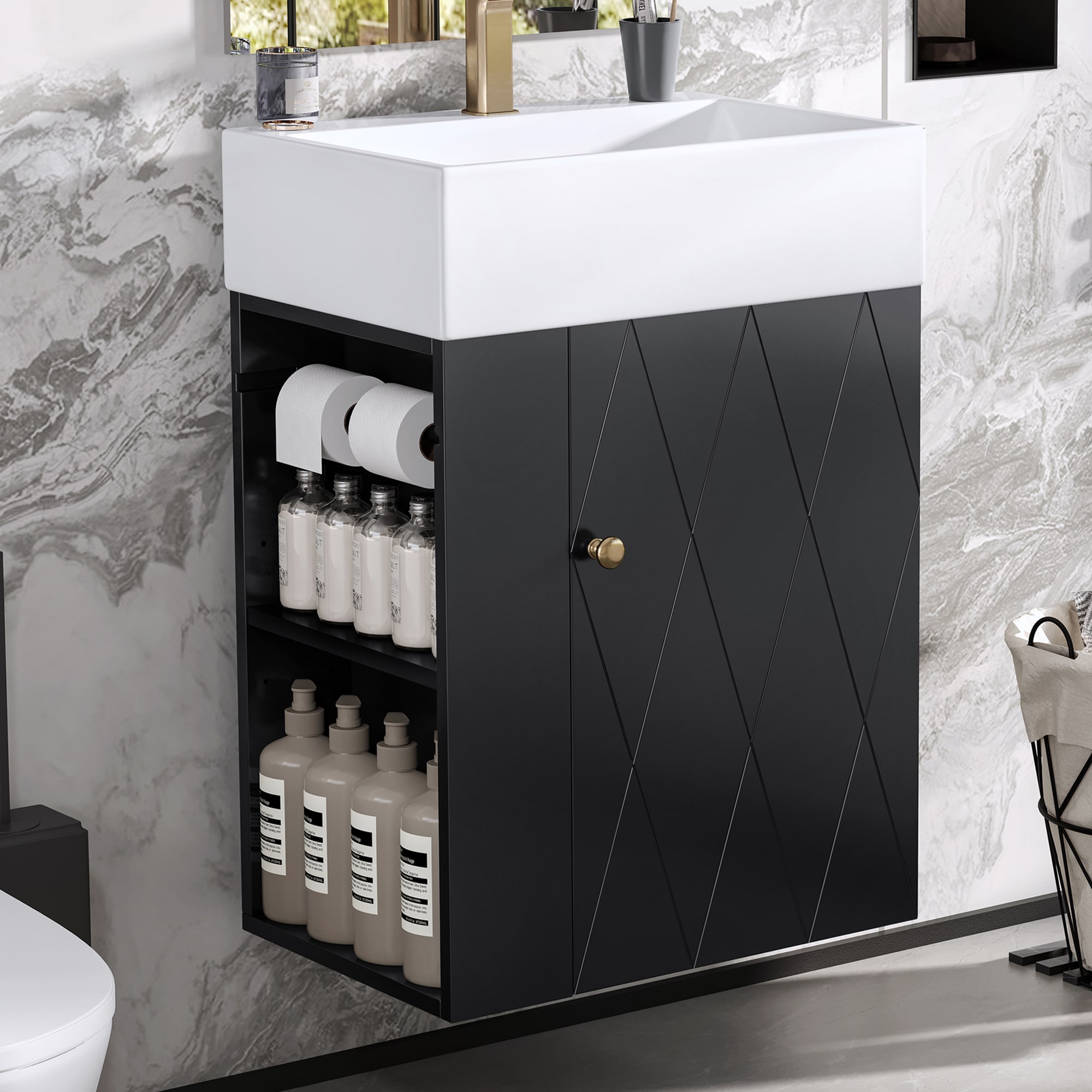 ModernLuxe L3P-N725P314033B 20 Inch Bathroom Vanity with Ceramic Sink Diamond Pattern Door Design Gold Handle  Side Storage Shelves – Modern Small Space Cabinet with Towel Bar MDF Construction Assembly Required